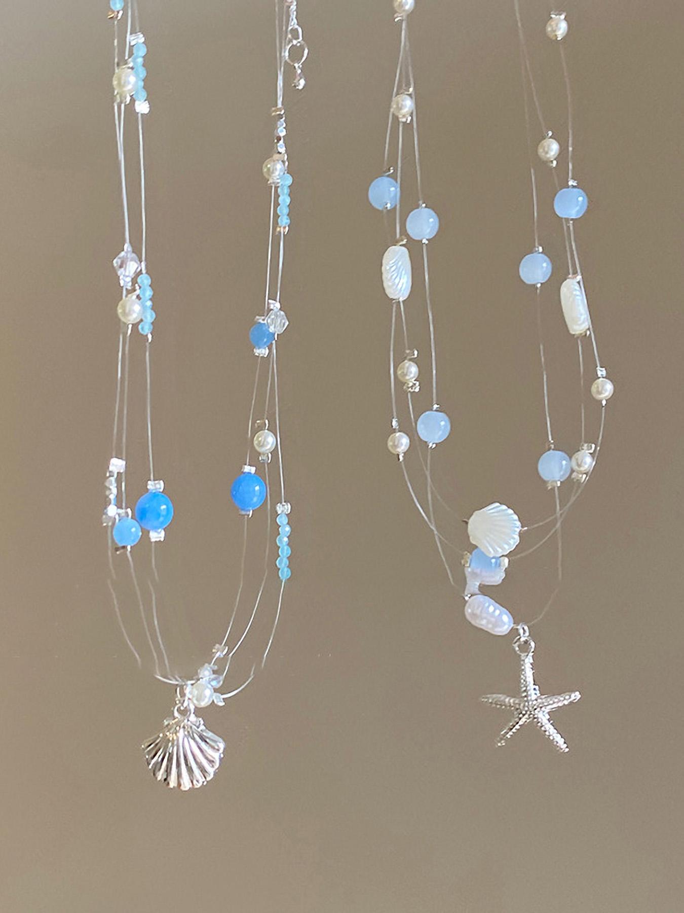 Elegant Multi-Layer Silver Color Glass Pearl Shell Starfish Pendant Necklace, Women's Fashion Jewelry, Perfect Gift Idea