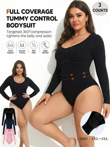 Women's Plus Size Round Neck Long Sleeve Body Shaping Shapewear Bodysuit, Button Design, Comfortable Fit, Body Sculpting Compression, Abdominal Control, Sizes 1xl-4xl, Body Shapewear Faja