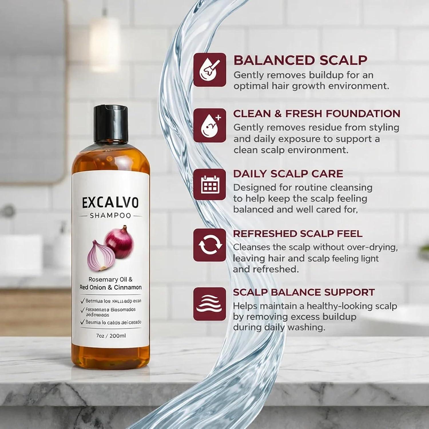 EXCALVO Shampoo, Onion Shampoo for Hair Growth, With Rosemary Oil, Red Onion, Cinnamon, Effectively Prevent Hair Loss |   Promotes Thicker Fuller Hair for Women and Men