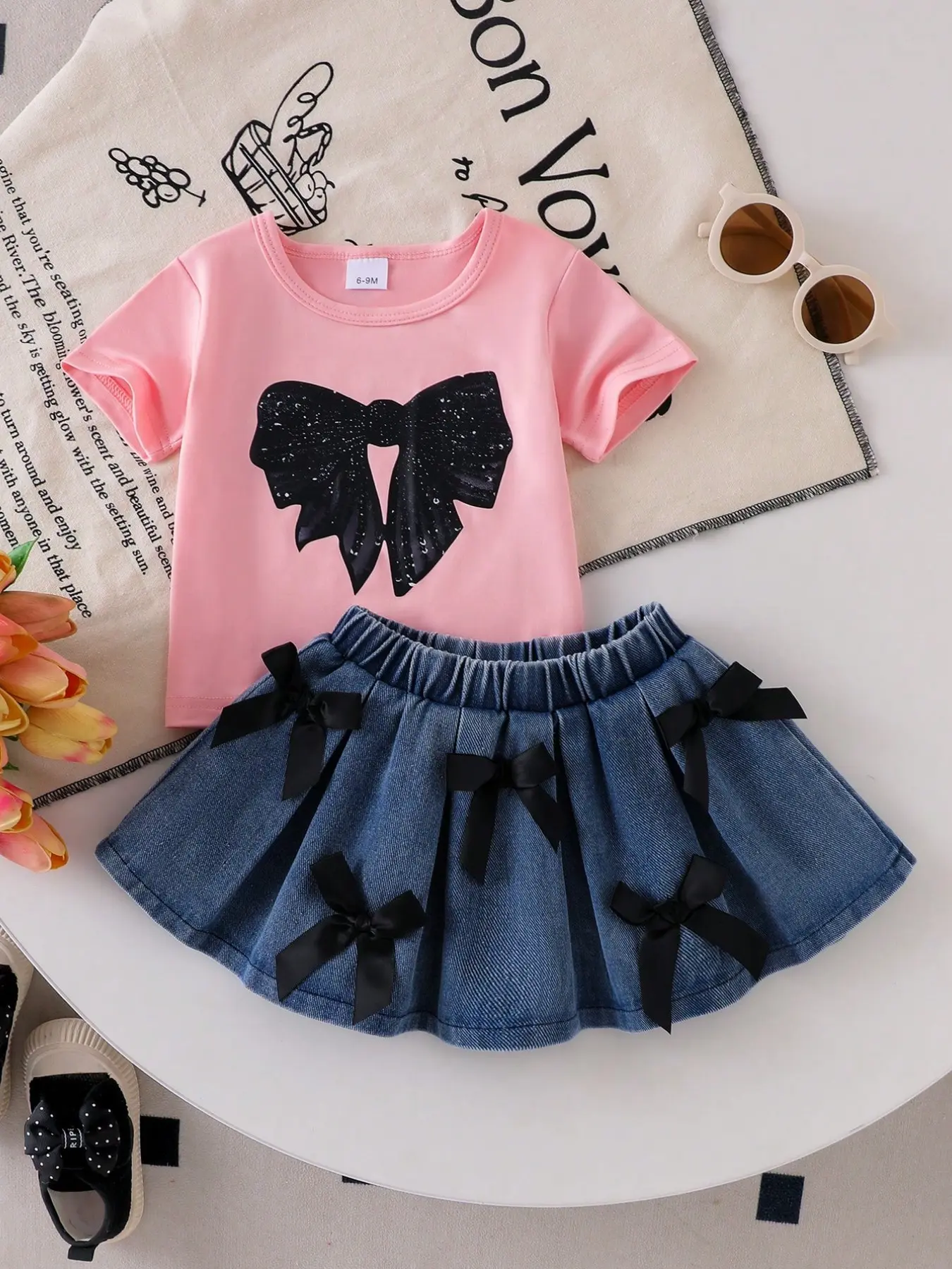 Baby Girls Summer Casual 2-Piece Set, Butterfly Print Short Sleeve T-Shirt and Pleated Jean Skirt, Loose-Fitting Fashion