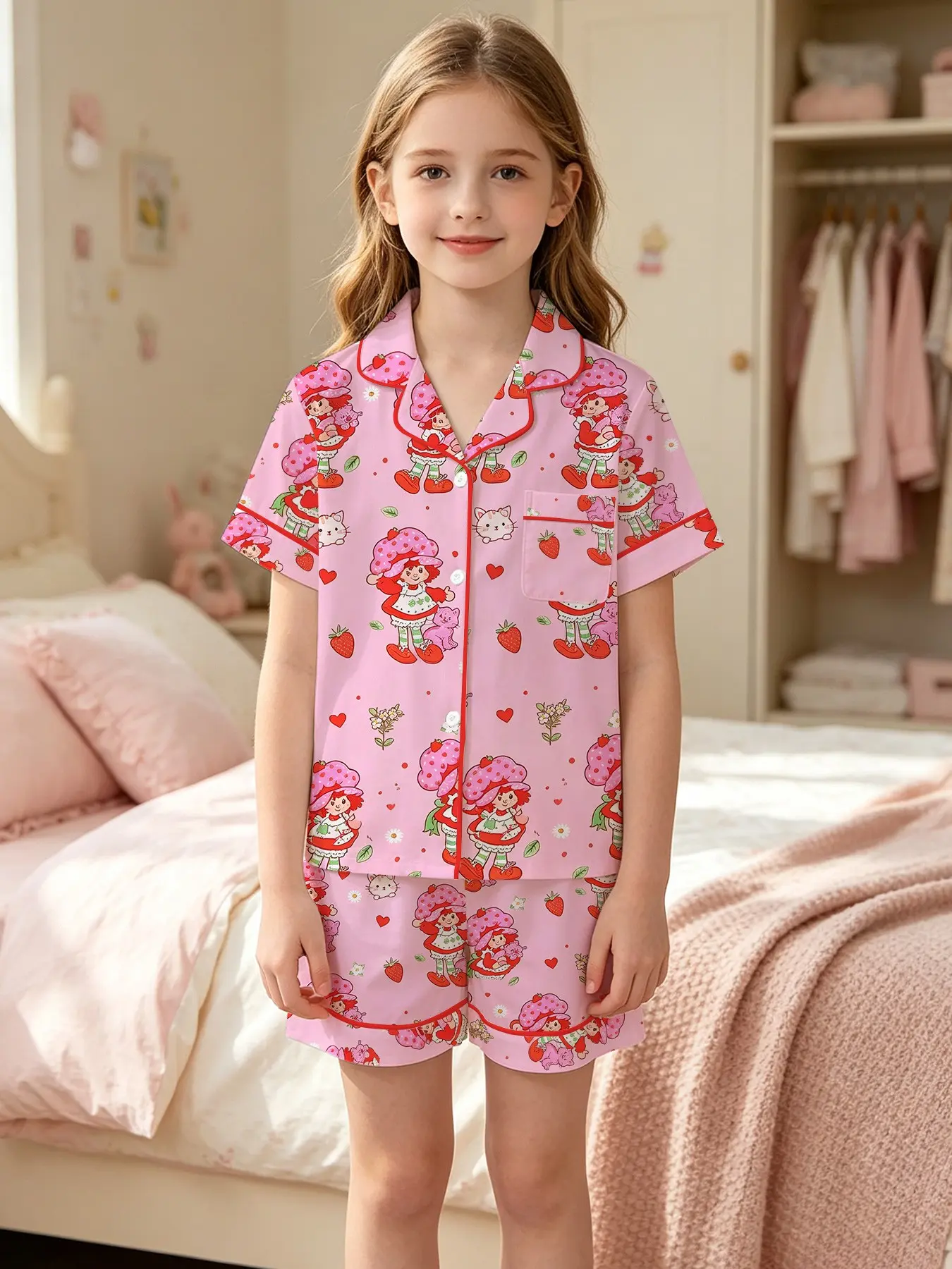 2-Piece Fruit Print Pajamas, Strawberry Cartoon Pattern, Soft Lapel Top, Elastic Waistband, Summer Sleepwear Set, Cute Daily Loungewear