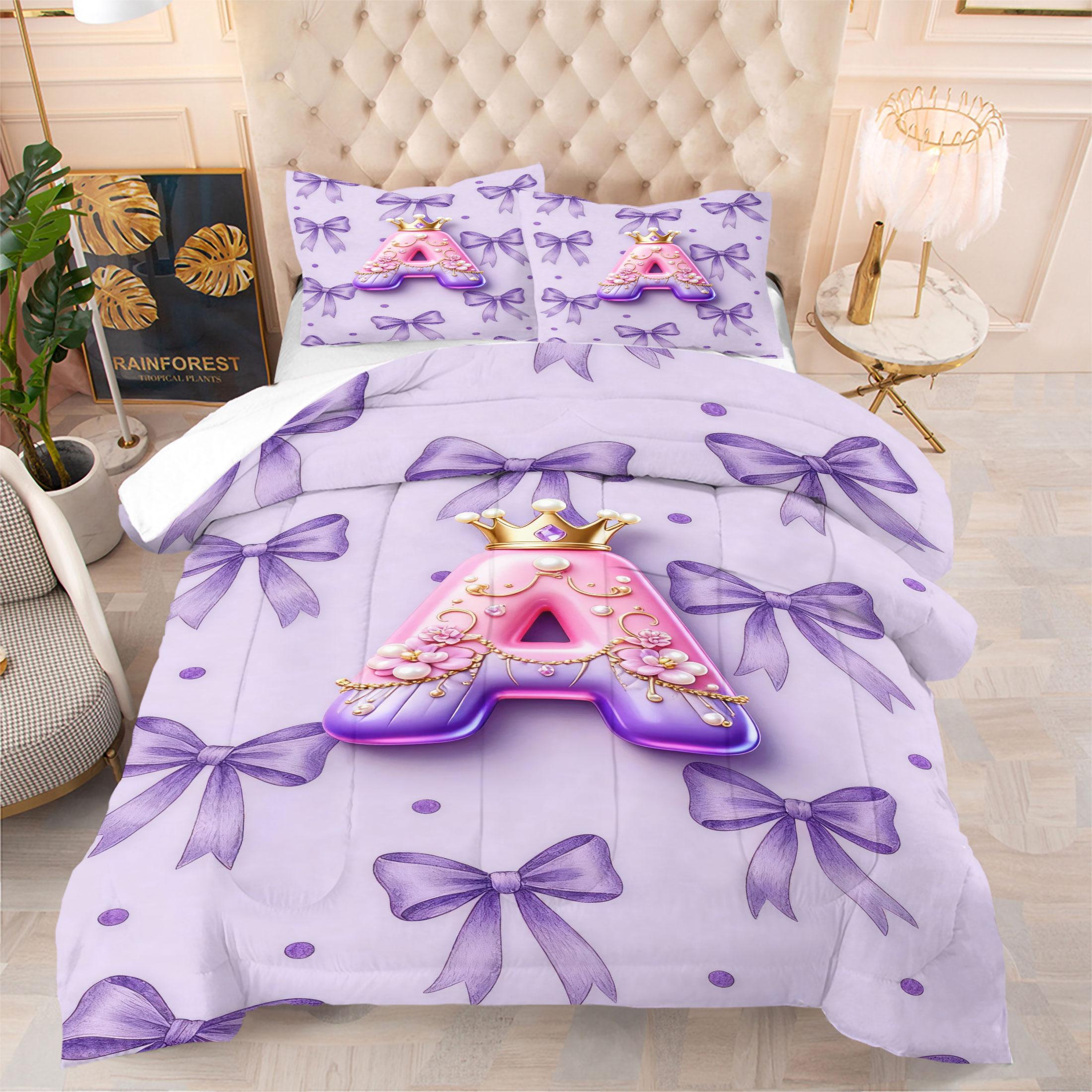 Bow Pattern Comforter Set, 3D Crown Letter Print Comfy Bedding Set, Fashion Princess Style Design, Soft and Comfortable Microfiber Material, Perfect for Girls Teenage Room Decor Home Decorating Kit, No Filler Included