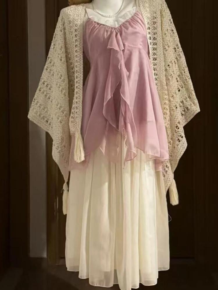 Summer Vintage Sweet Sling 2-piece Set Women Design Chic Loose Chiffon Fairy Suit Female Japanese Elegant Thin New Clothing 2026