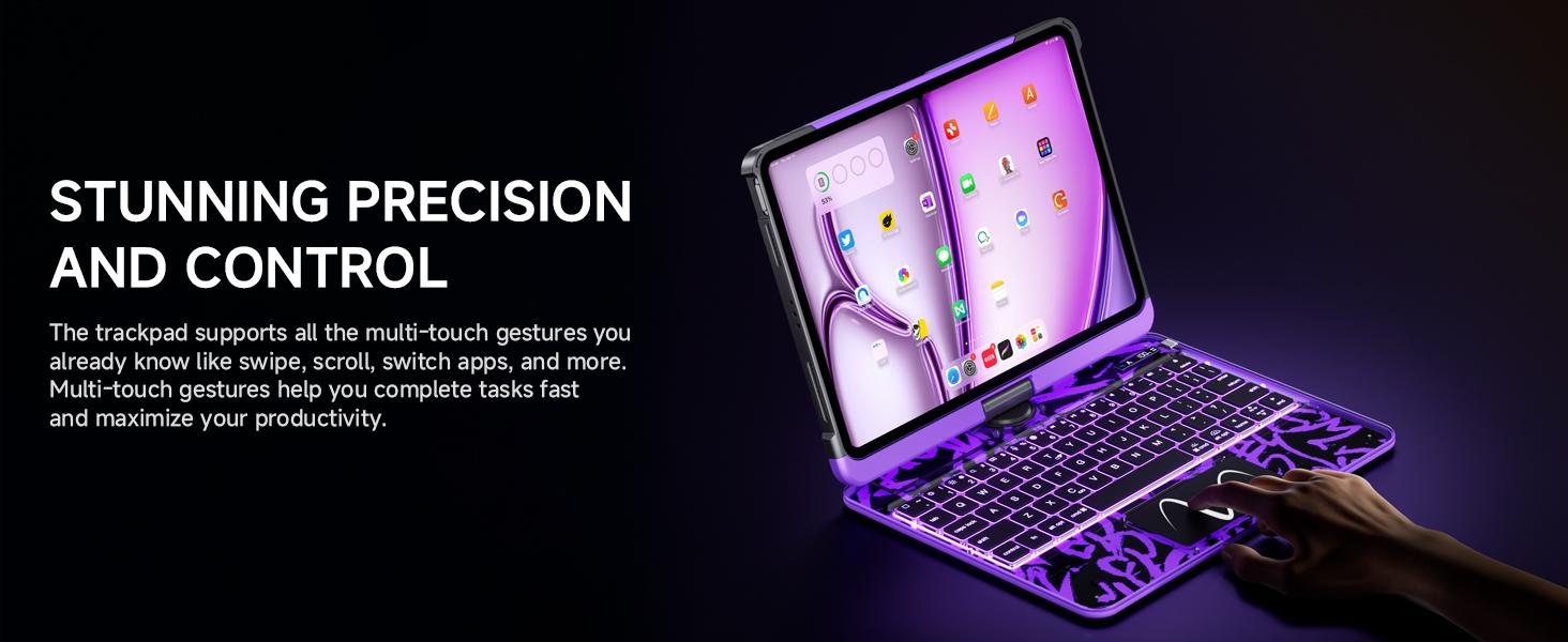 Y2K Dopamine Purple iPad Case With Keyboard- 360° Rotating Multi-Touch Trackpad, RGB Backlit Keyboard, Transparent Back, Pencil Holder, Type-C Charging
