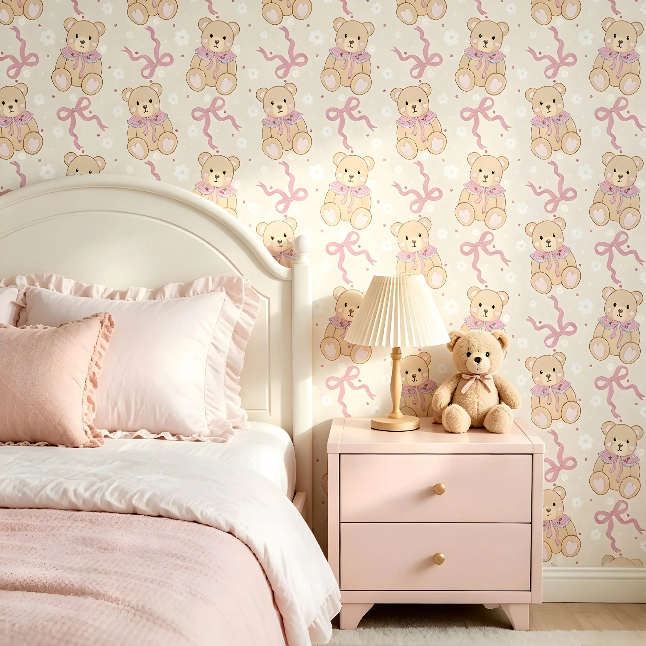 Cute Teddy Bear Bow Self-Adhesive Wallpaper, Waterproof Fade-Resistant, Easy to Cut, No Residue, Ideal for Kids Room & Furniture Renovation