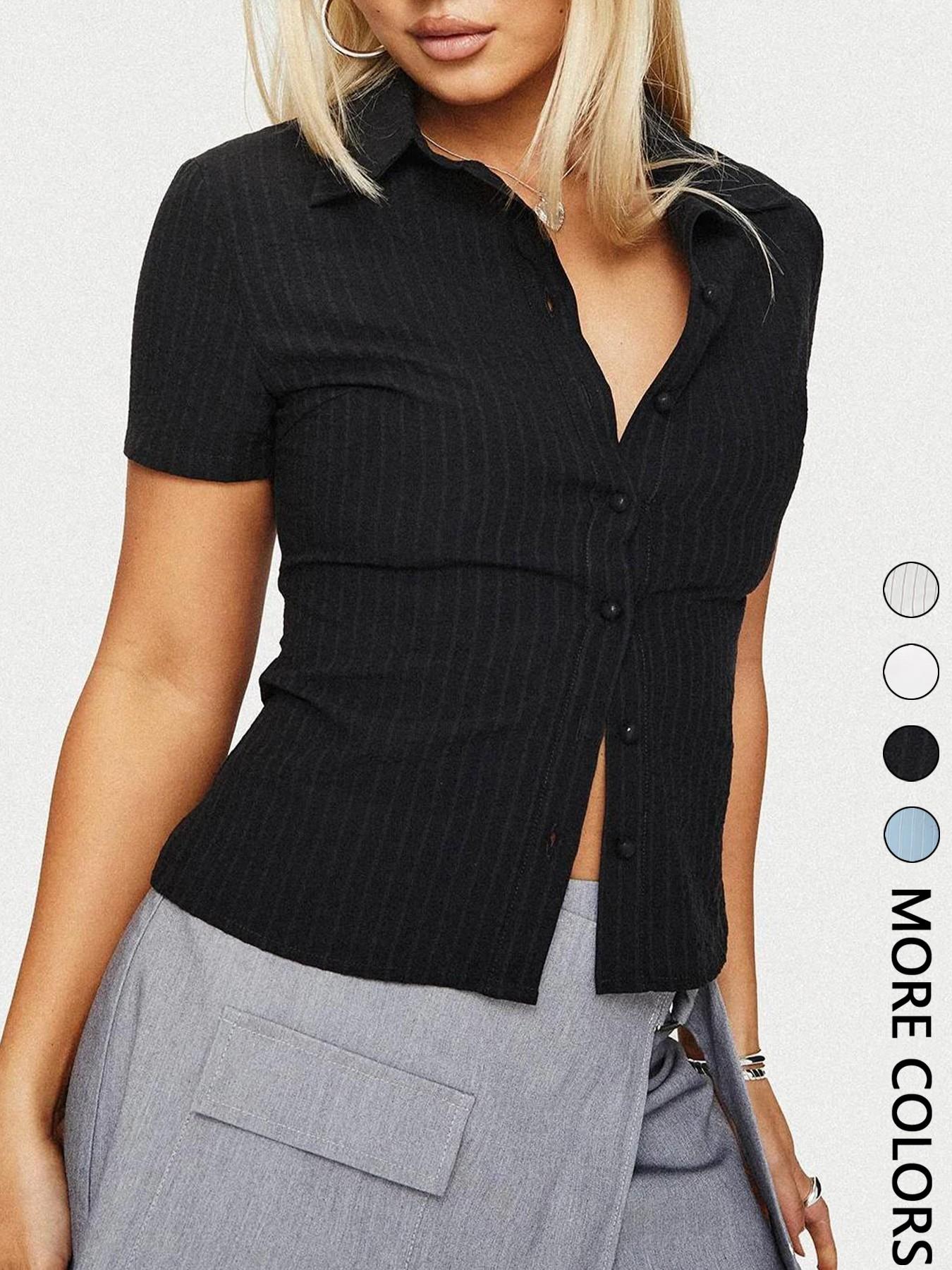 Women's Button Collared Shirt Blouse, Casual Slim-fitting Short Sleeve Top for Summer, Ladies Clothes for Daily Wear, Womenswear, Button Down Shirt, Button Up Blouse