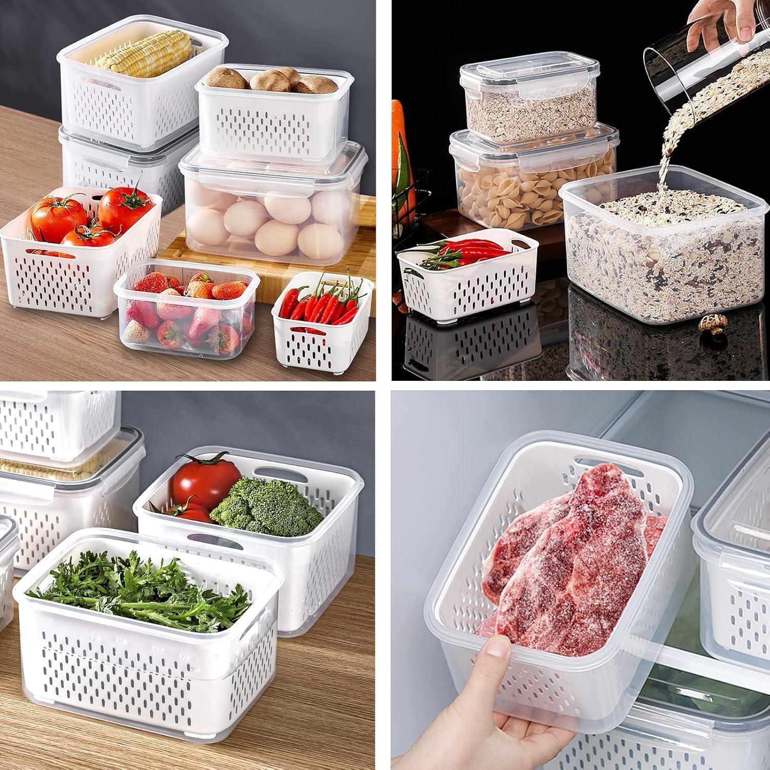 3pcs/5pcs Large Capacity Storage Boxes, Water Drainage/food Preservation Dual-Function Fruit Vegetable Containers, Lid with Handle Refrigerator Box