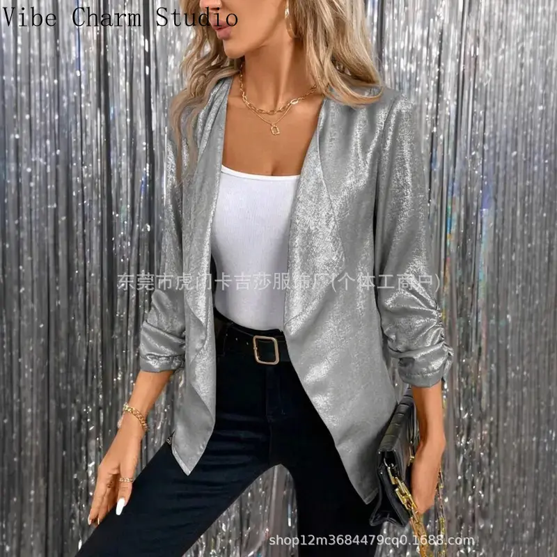 Gold Foil Sequin Blazer for Women Long Sleeve Sparkly Jacket with Lapel and Pockets Evening Party