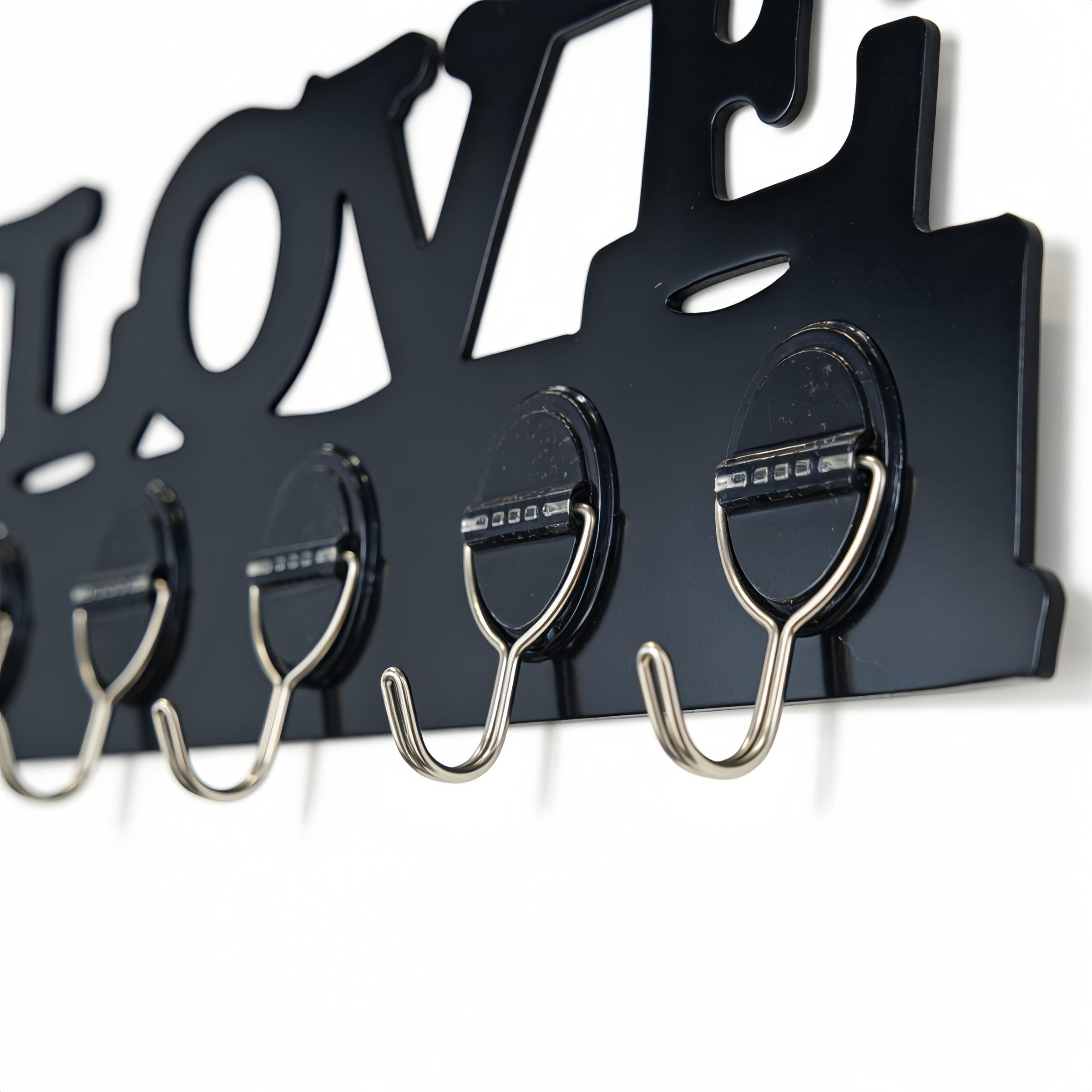 2-Pack Love Graphic Plastic Hook Rack, Wall-Mounted Key Hooks, 5 Strong Hooks, Easy Install with Adhesive Backing, Ideal for Entryway Organization