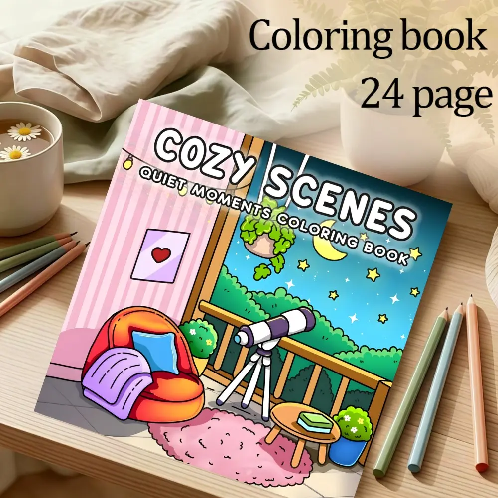 Warm Scene Coloring Book, 24 Pages Thick Paper, Original Design for Relaxation, Ideal Gift for Christmas, New Year, Parties