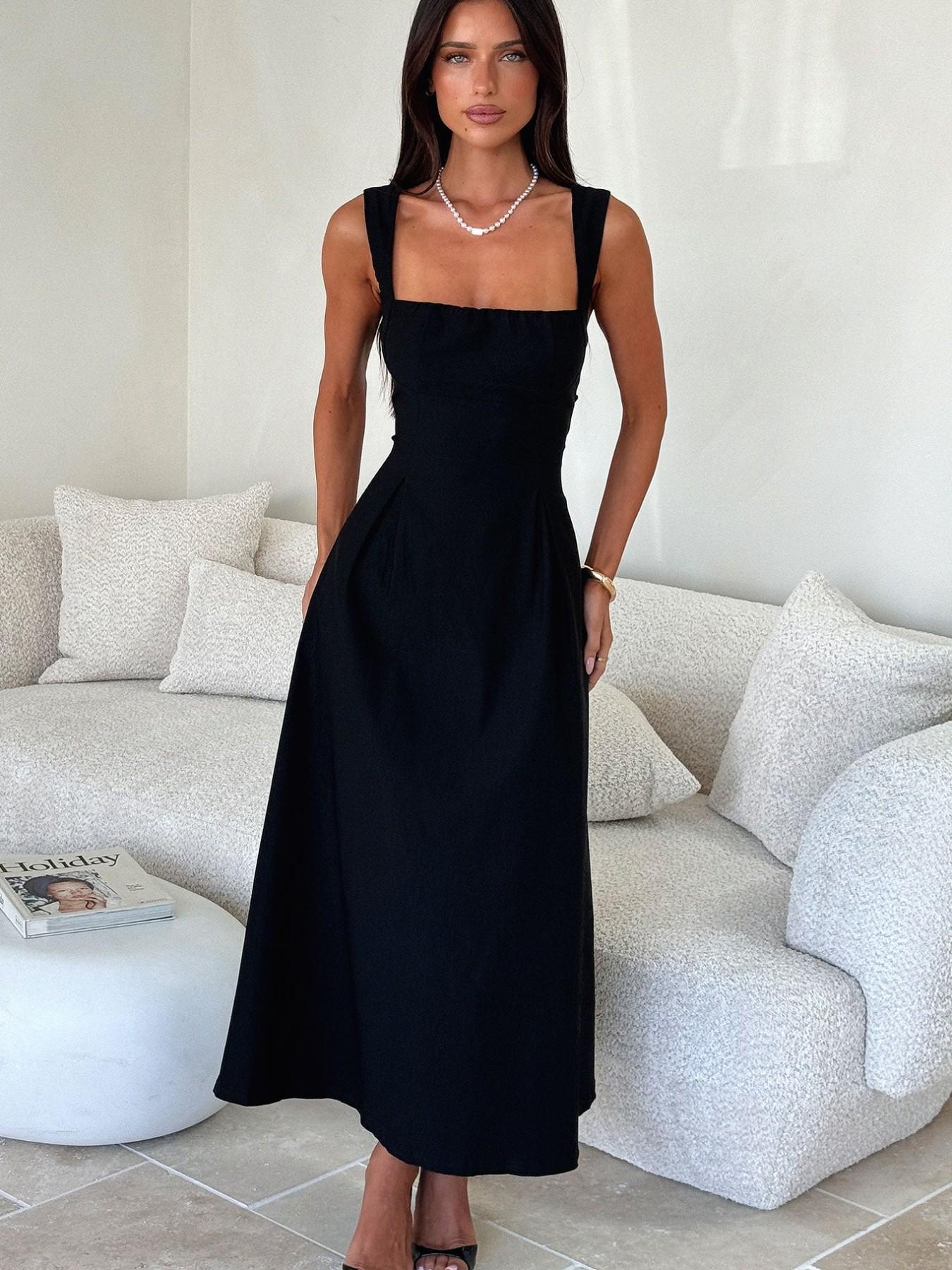Elegant Vintage Square Neck Back Tie Strap Dress, Sleeveless Fitted Midi Dress, Casual Plain Style Day Evening, Women's Fashion Clothing, Casual Wear, Womenswear