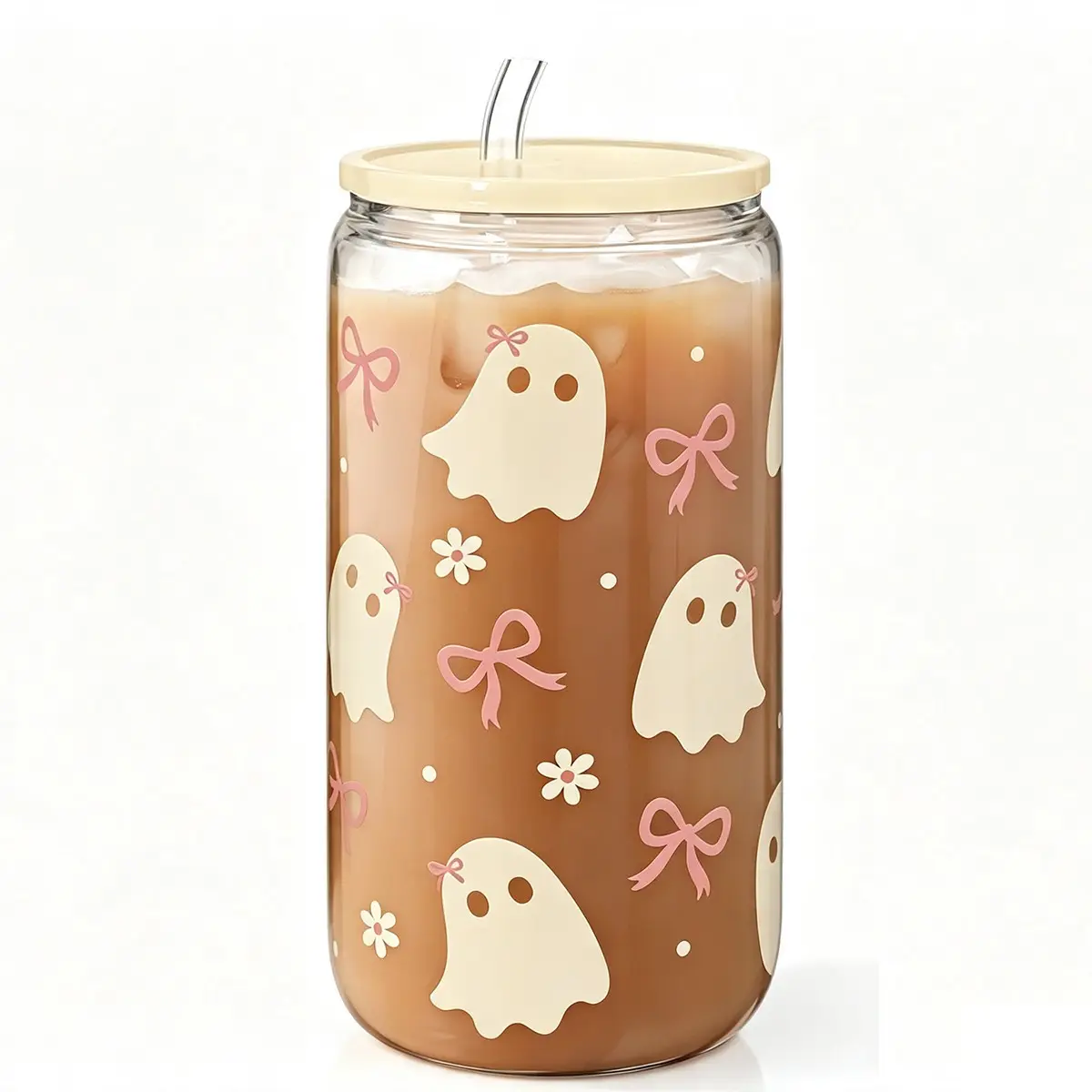 Halloween Theme 16oz Glass Cup Set, Acrylic Lid and Straw Included, Women's Iced Coffee Cup, Perfect Party Gift, Elegant Design