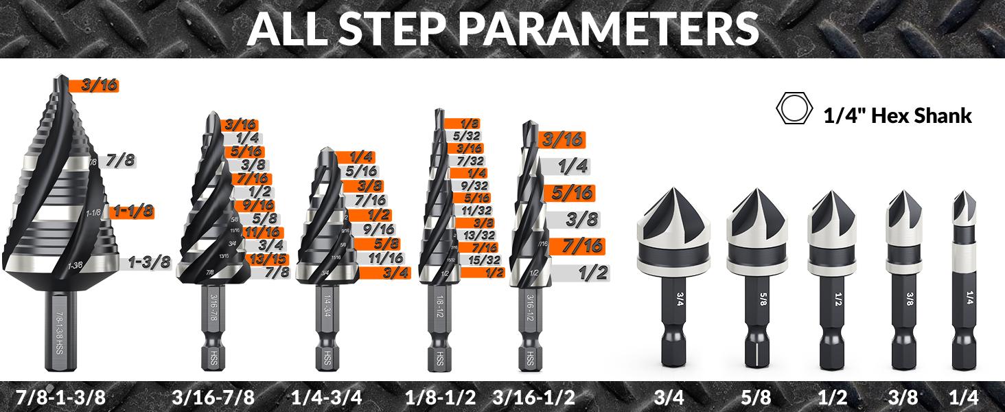 【FathersDayGift】 THINKWORK 10-Piece Nitrided HSS Step Drill Bit Set & Countersink Bits for Metal Aluminum Wood Plastic High Quality DIY Home Projects