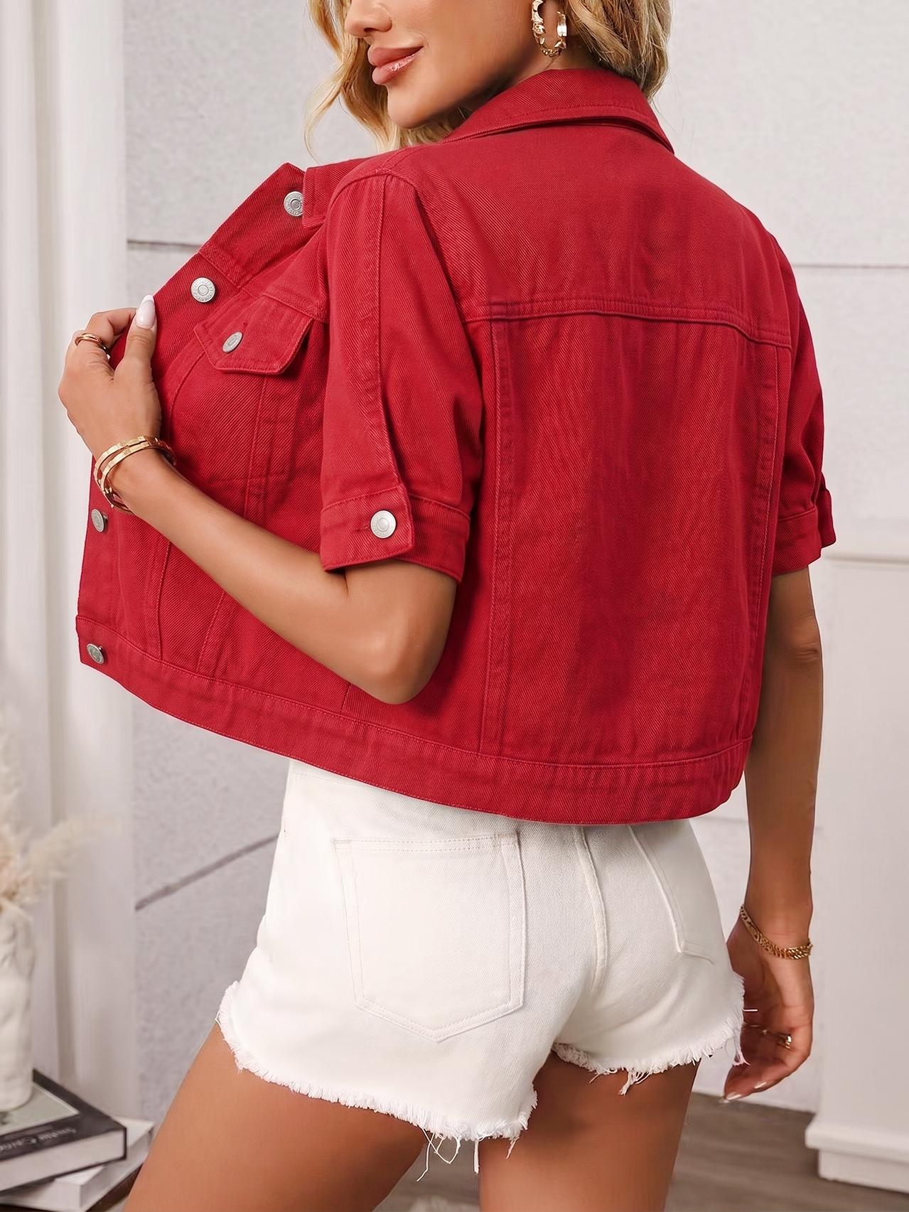 Women's Classic Short Sleeve Denim Jacket, Casual Single Button Short Denim Collar Top, Summer Outerwear, Loose-Fitting Women's Classic Short Sleeve Denim Jacket, Casual Single Button Short Denim Collar Top, Summer Outerwear, Loose-Fitting