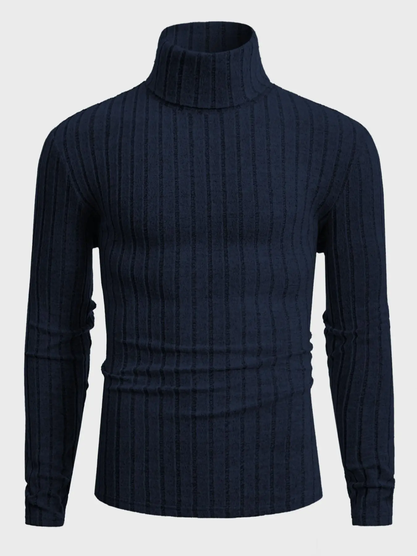 Men's Turtleneck Long Sleeve Sweater, Knitwear, Vertical Striped Slim Fit, Ribbed Knit Pullover, Casual Stretch Base Layer Tops, Fall & Winter