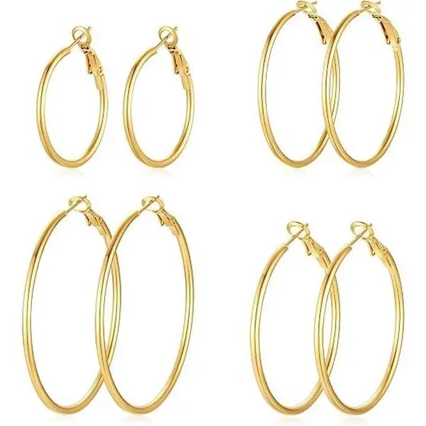 4-Pairs Silvery/Golden/Black Hoop Earrings for Women | 304L Stainless Steel Hoop Earrings Set Hypoallergenic Earring 30mm/40mm/50mm/60mm Lightweight Dangle Earrings Set