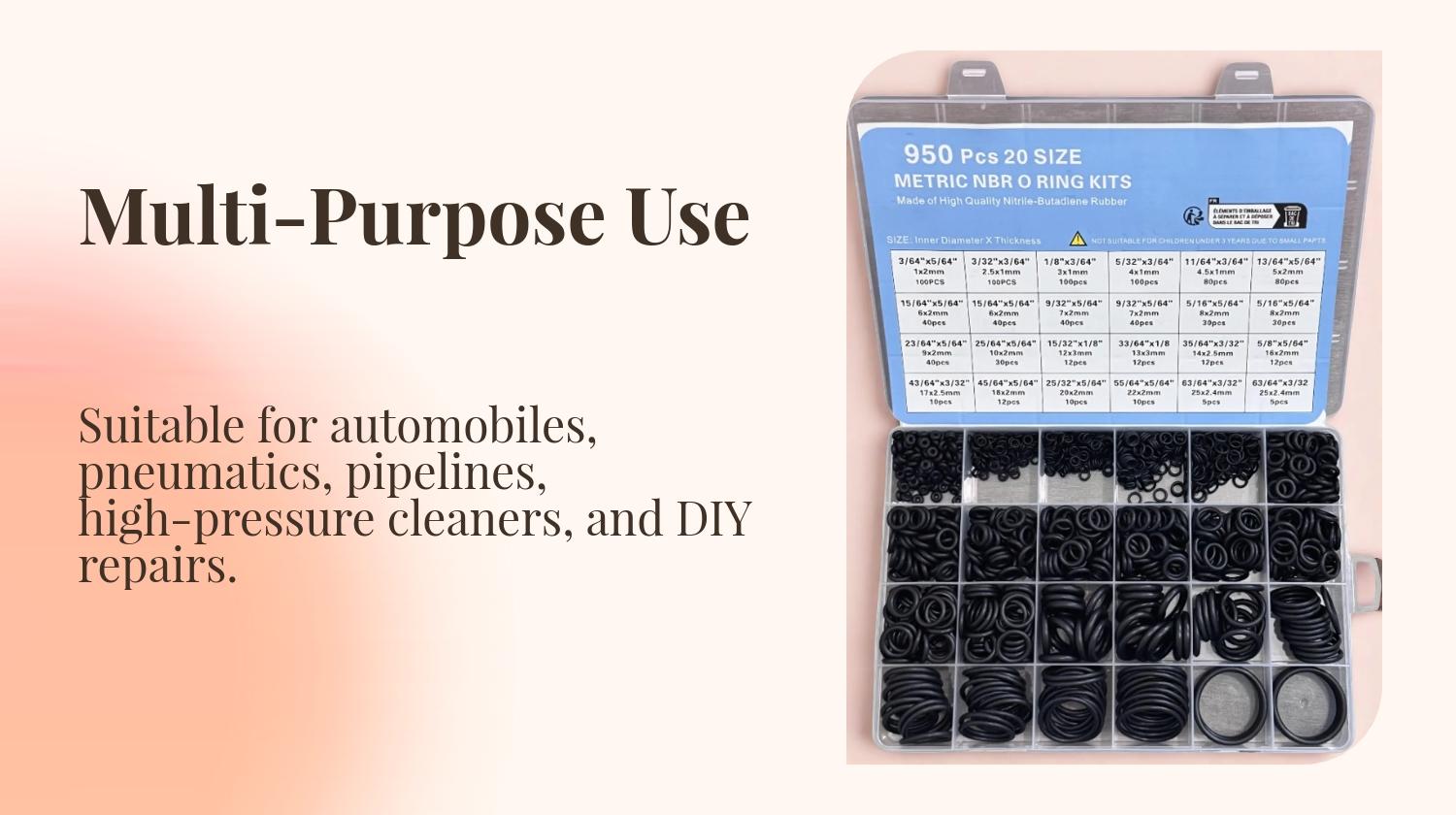 950 pieces of heavy-duty nitrile O-ring and gasket sealing kit (20 sizes, metric and imperial) - multi-purpose black O-ring, suitable for automobiles, pneumatics, pipelines, high-pressure cleaning machines, DIY repairs - batch packaging compatibility