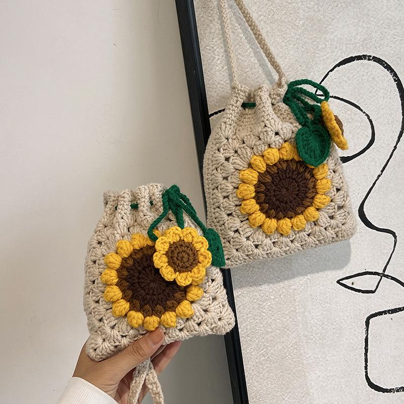 Handmade Crochet Sunflower Bag, Cute Boho Drawstring Crossbody Purse for Women, Cottagecore Woven Phone Pouch Your New Favorite Summer Accessory!  Handmade Crochet Sunflower Purse | Boho Cottagecore Aesthetic | TikTok Viral