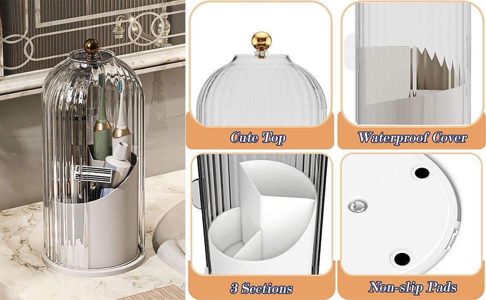 Toothbrush Holders with Dustproof Cover, 360 Rotating Toothbrush and Toothpaste Holder for Bathroom Countertop, 3 Slots Transparent Makeup Brushes Organizer for Vanity Makeup Brushes Holder summerwins