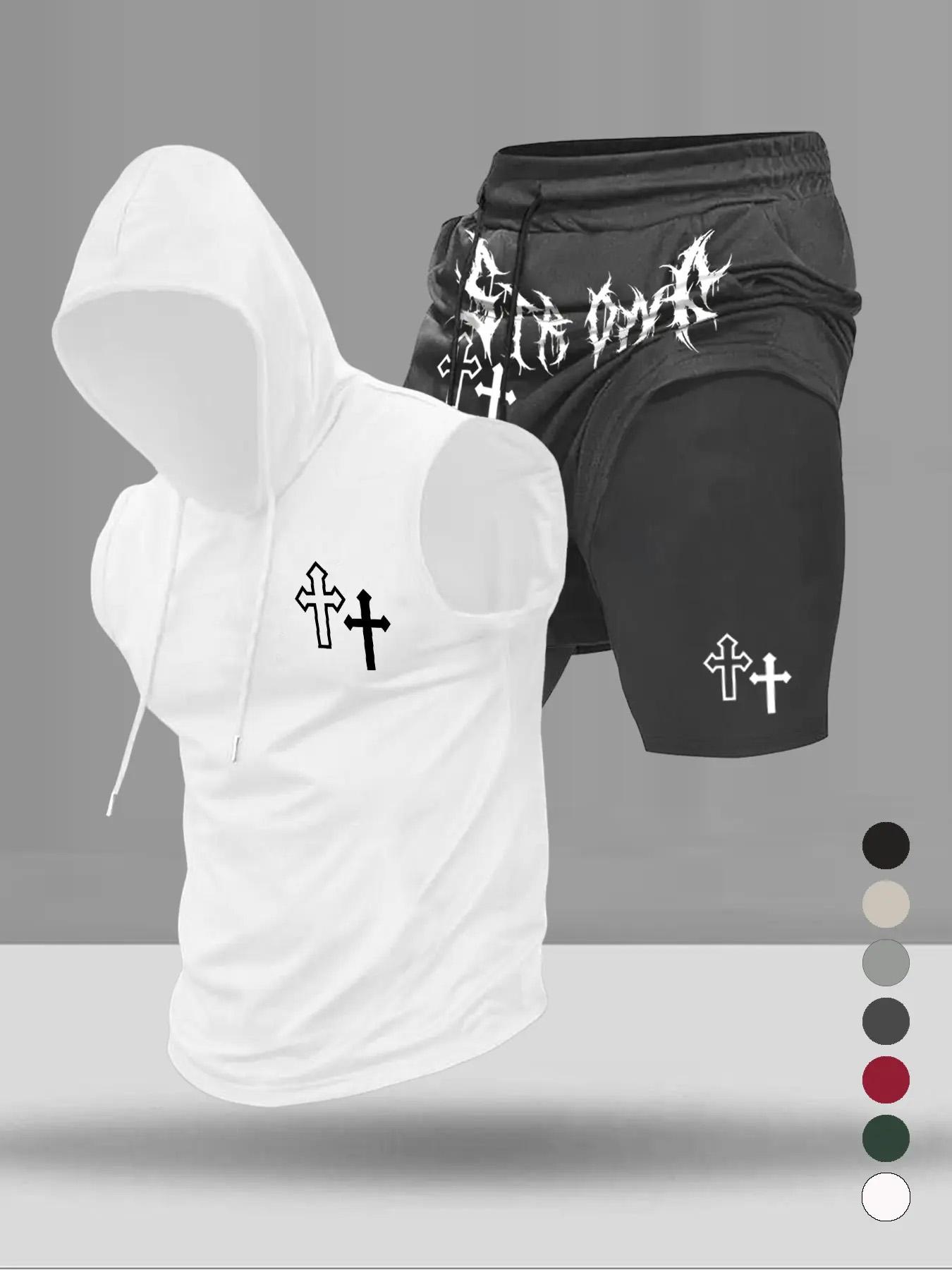 Men's Graphic Print Two-Piece Set, Stylish Hooded Sleeveless Vest and Drawstring Pocket Shorts, Summer Casual Wear for Sports and Daily Use