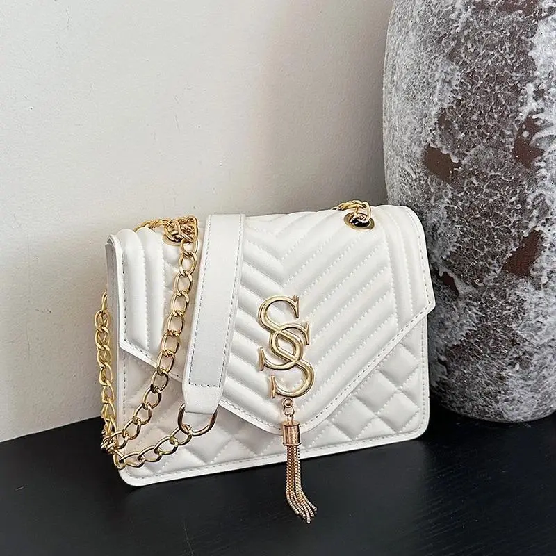Elegant Fashionable Argyle Quilted Fabric Chain Small Square Bag with Metal Letter Tassels, Women's Commuting Shoulder Crossbody Bag