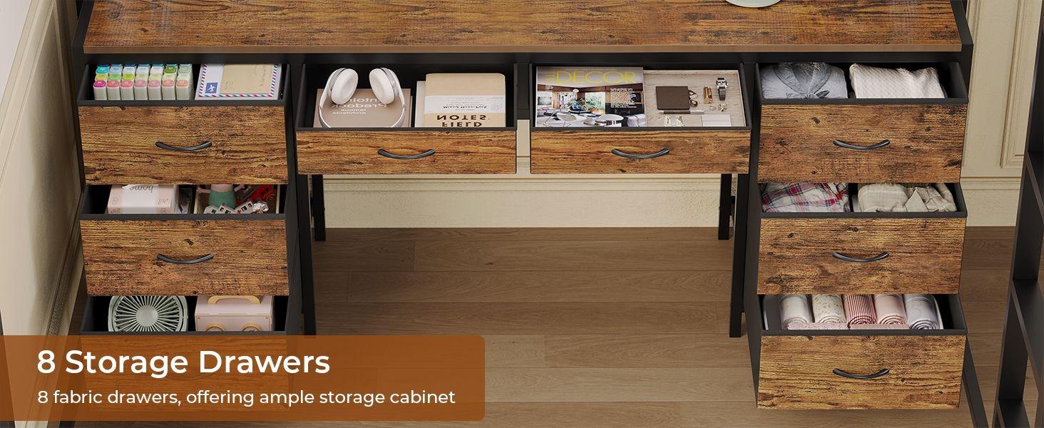 Sikaic Loft Bed with Desk, Full Metal Loft Bed with 8 Drawers Storage & Charging Station & LED Lights, 4 Open Storage Shelves, Noise-Free, Space-Saving, No Box Spring Needed