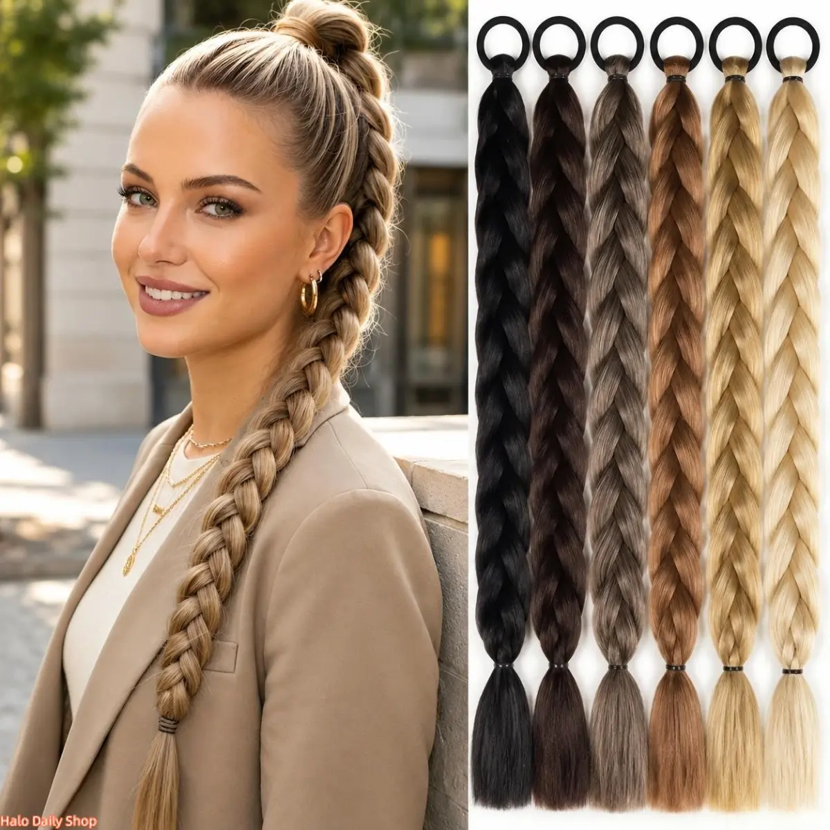 Women's Long Braided Ponytail Hair Extensions, Heat-Resistant Synthetic Hair Piece with Elastic Band, for Daily Wear & Party
