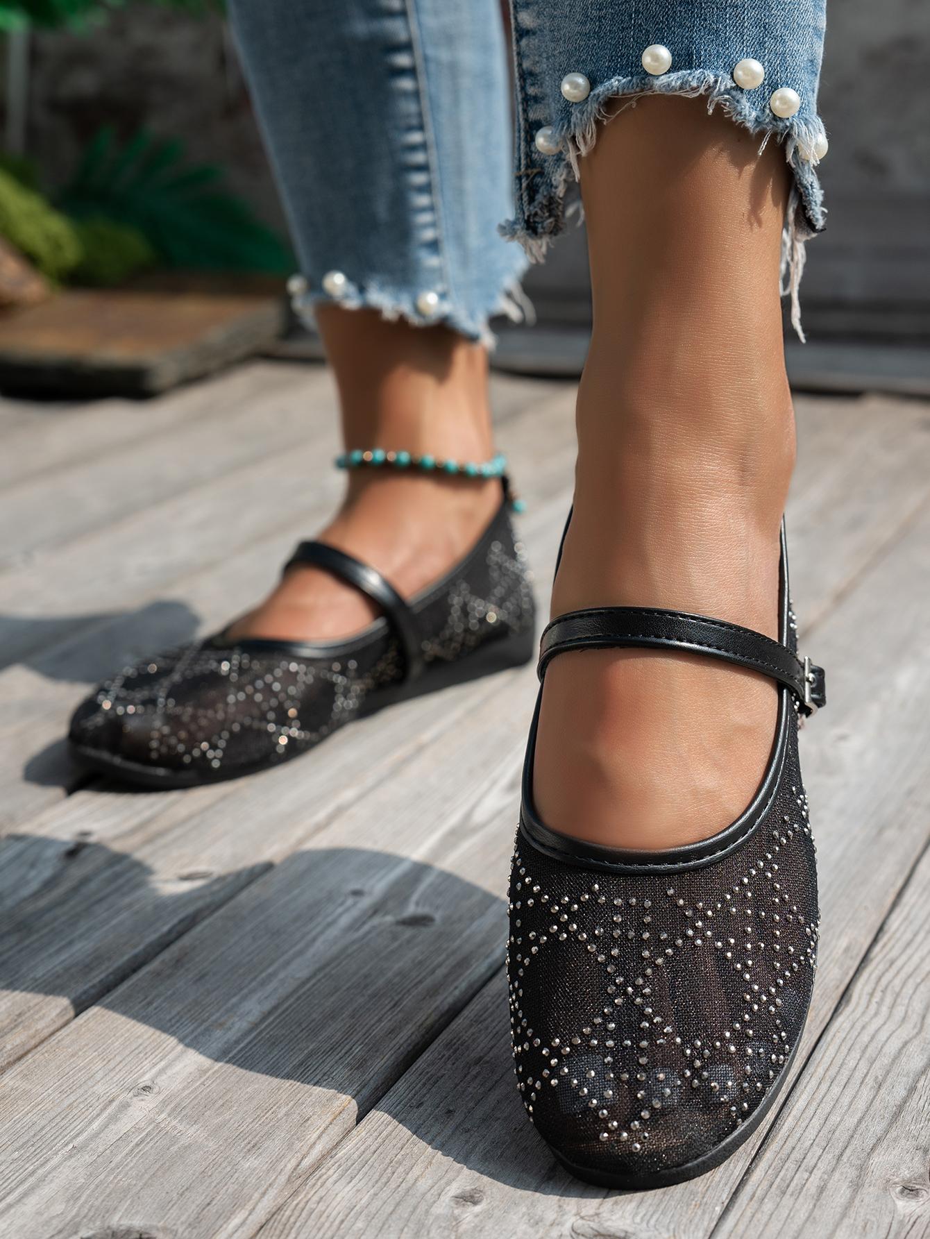 Women's Rhinestone Mesh Mary Jane Shoes, Summer Fairy Style Square Toe Ankle Strap Breathable Flats