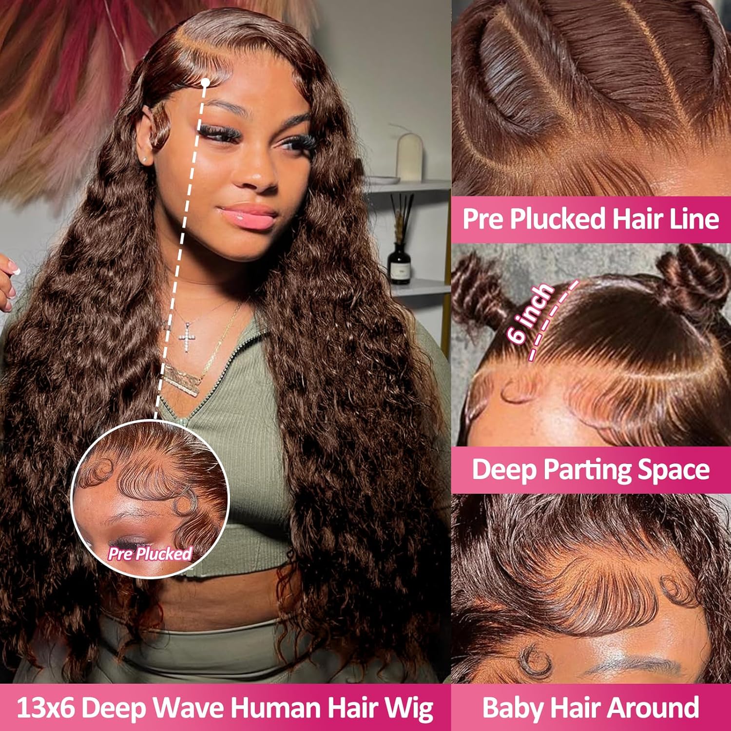 Bling Hair Chocolate Brown Deep Wave 13x4/13x6 HD Transparent Lace Front Wig Human Hair 180 Density Human Hair Wigs Colored Deep Curly Lace Frontal Wigs for Women