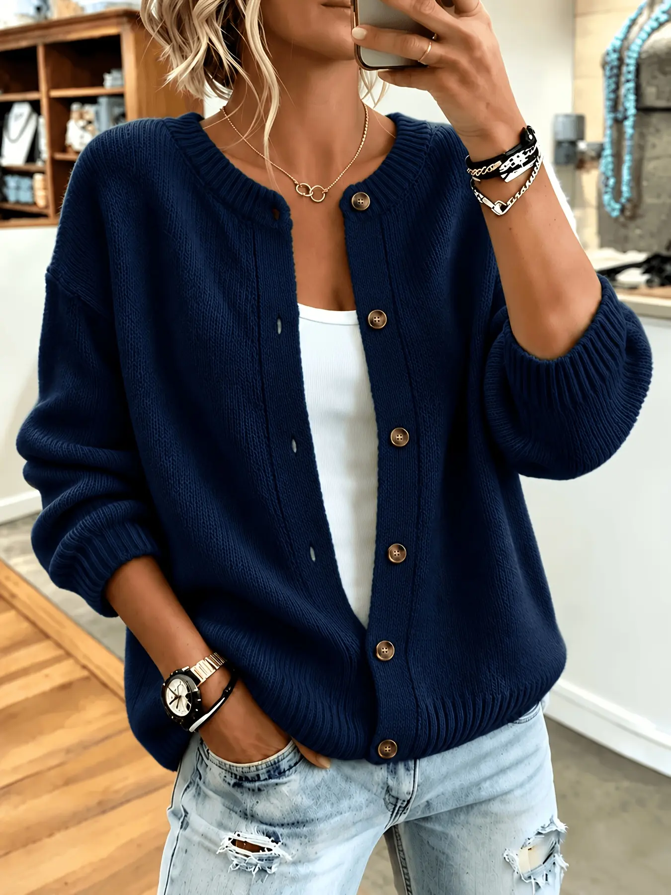 American vintage loose casual mid length button sweater cardigan autumn winter solid color simple versatile basic cardigan fashionable temperament women clothing