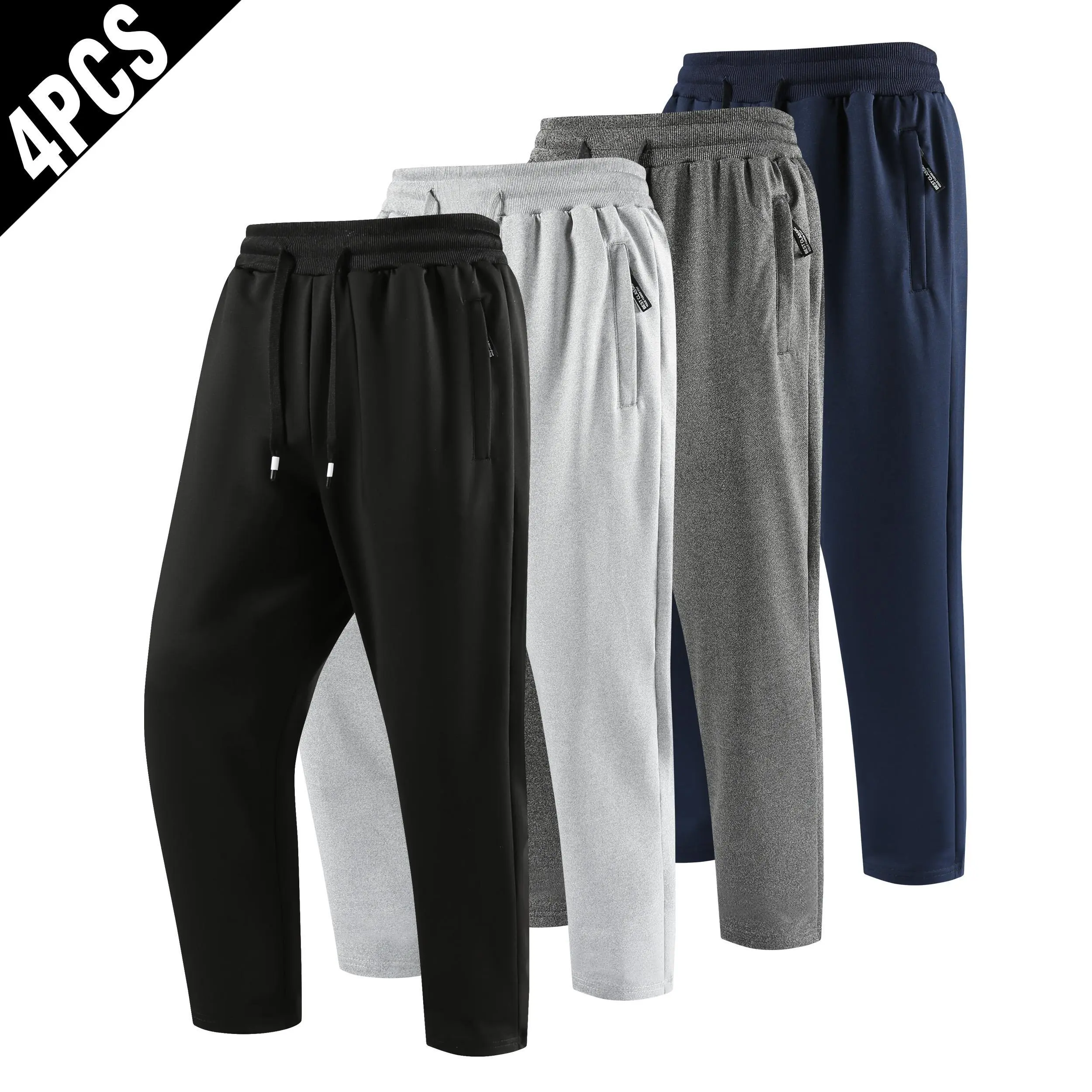 Men’s 4-Pack Straight Leg Sweatpants, Drawstring Elastic Waist, Lightweight, No Loose Fit, Zipper Pocket Casual Athletic Trousers for Workout, Year-Round Wear, Zippered