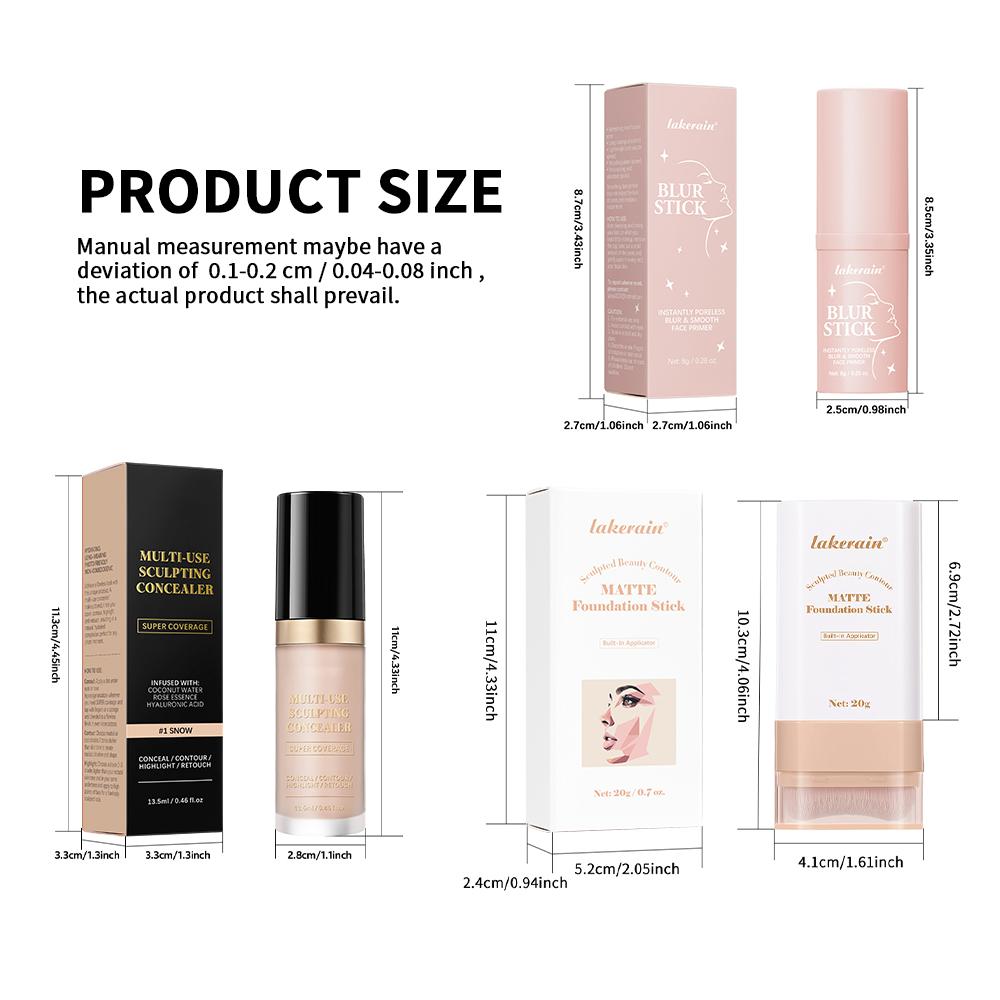 Face Base 3 in 1, Pore Minimizing Primer Stick + Multi-Use Concealer & Highlighter (Dual-Use) + Matte Foundation Stick with Brush, Long-Lasting Makeup Set, Waterproof & Sweat-proof, Full Coverage, Flawless Base Makeup Face Makeup Sets