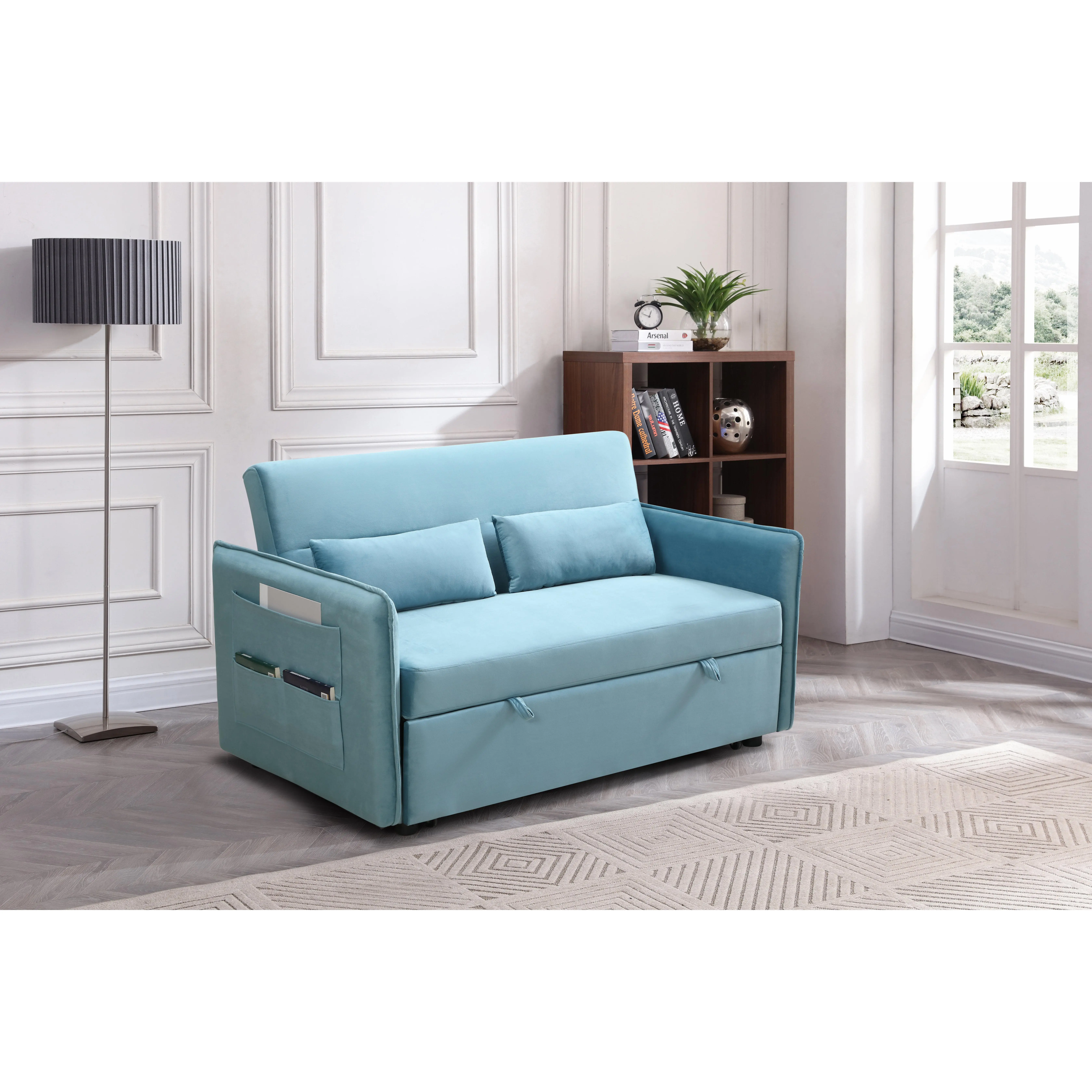 Nokaa MEGA Fabric Pull-Out Convertible Sofa Bed - Modern Adjustable Back Lounge Chair with 2 Side Pockets, 2 Pillows for Living Room, Compact Space-Saving Indoor Furniture