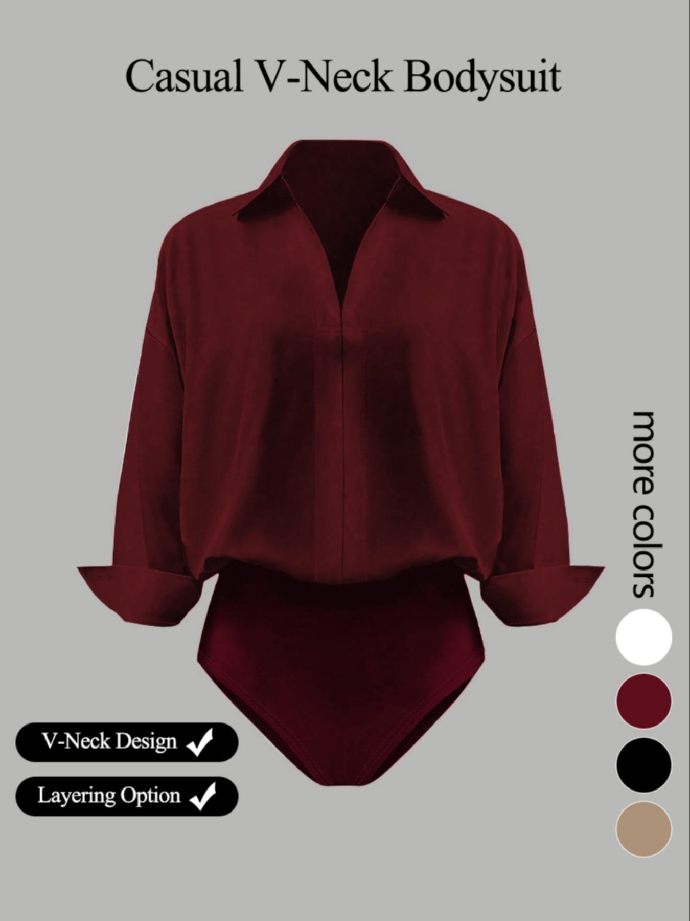 Women's casual loose V-neck long-sleeved shirt jumpsuit, elegant woven fabric, slim fit, suitable for all seasons, and can be layered flexibly.