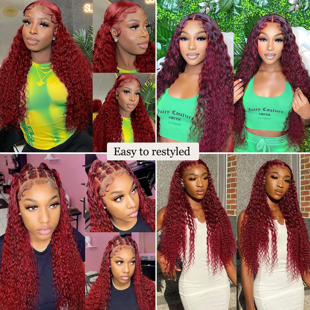 [26 Inch Only $140] STERLY 200% Density Burgundy / Natural Color 13x6 Lace Frontal Human Hair Deep Wave Wig Ombre Color Water Wave Wig 99J Curly Wigs #FB30 Highlight Pre Plucked Pre Cut Beginner Friendly Wig Smooth HD Transparent Lace Wig