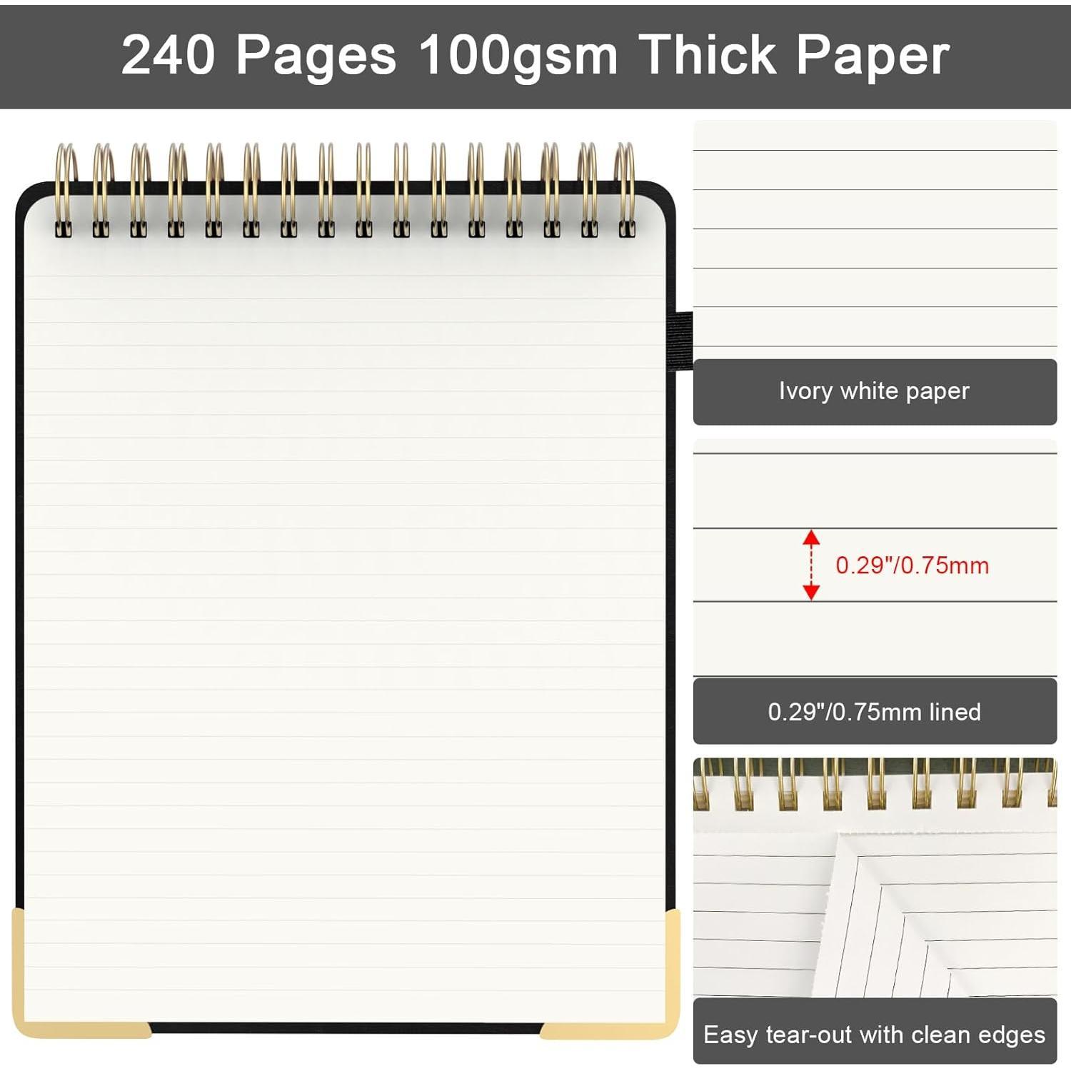 A4 Top Spiral Notebook, Large Leather Hardcover Top Bound Steno Pads, 240 Pages 100 gsm Thick Lined Paper Left Handed Notebook Journal for Work, School, Meeting Writing - Black, 8.5" x 11"