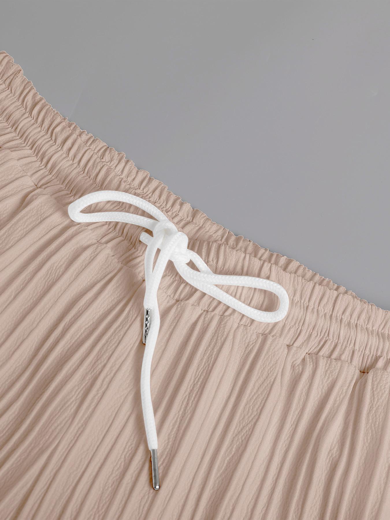 Men's Beige Textured 2Piece Casual Set, Loungewear - Short-Sleeve V-Neck Cardigan (with Vertical Pleats & Button Closure) + Matching Drawstring Pants (Coordinating Pleated Fabric), Oversized Fit, Ideal for Summer Daily Casual, Café Lounging & Weekend Out