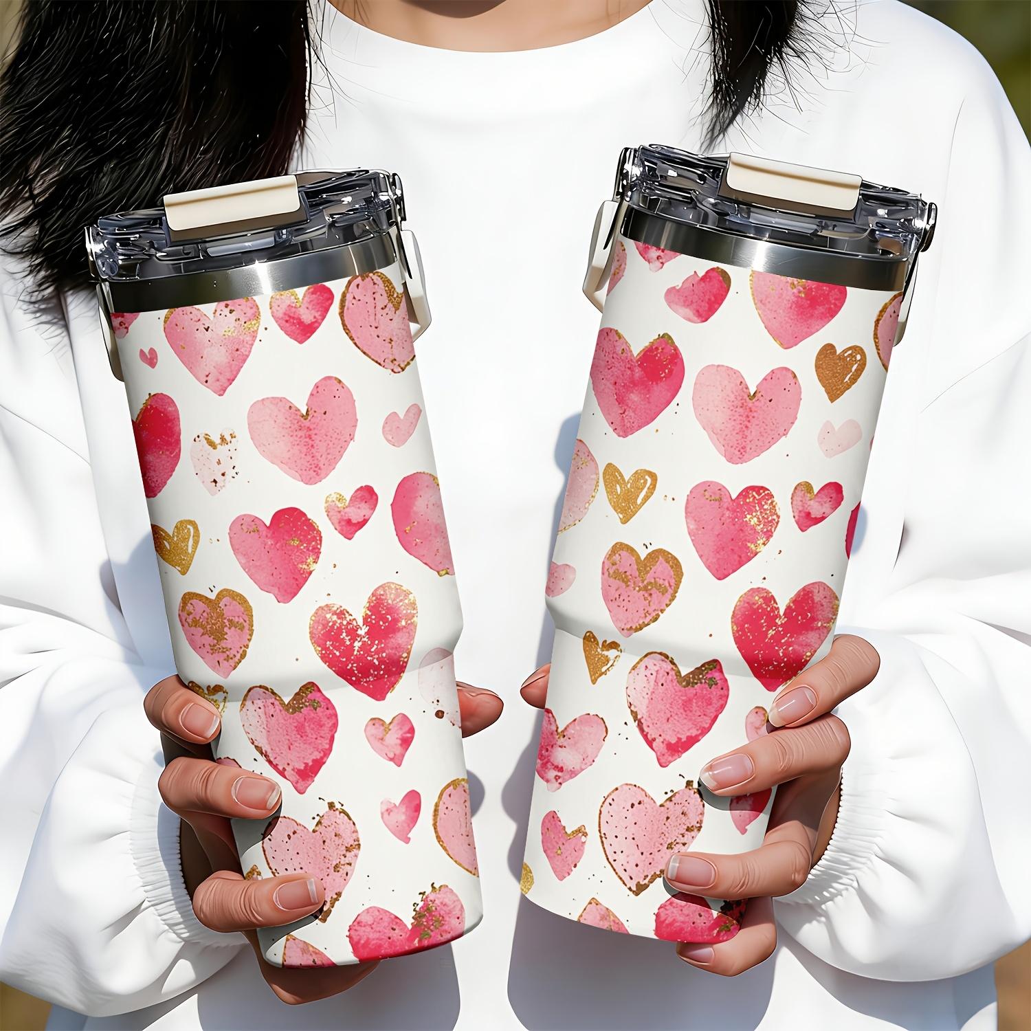 30oz Heart Pattern Stainless Steel Cup, portable handhold design, reusable travel mug. Made of 304 stainless steel, fits hot and cold drinks. Perfect gift for birthday, holiday, graduation, back-to-school, Christmas and Halloween.
