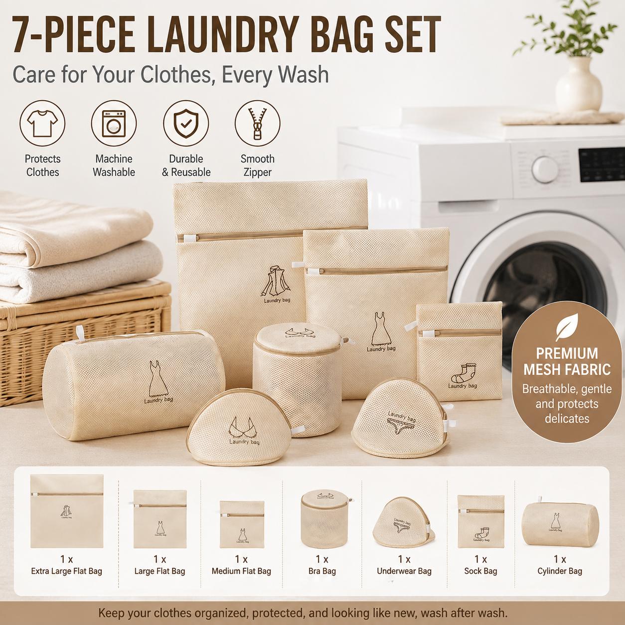 7PCS Family Mesh Laundry Bag Set, Anti-Tangle Clothing Wash Bags, Delicate Laundry Protector Bags to Prevent Snags and Damage, Perfect for Bras, Socks, Shirts and Everyday Clothes, Gentle Care Laundry Bags