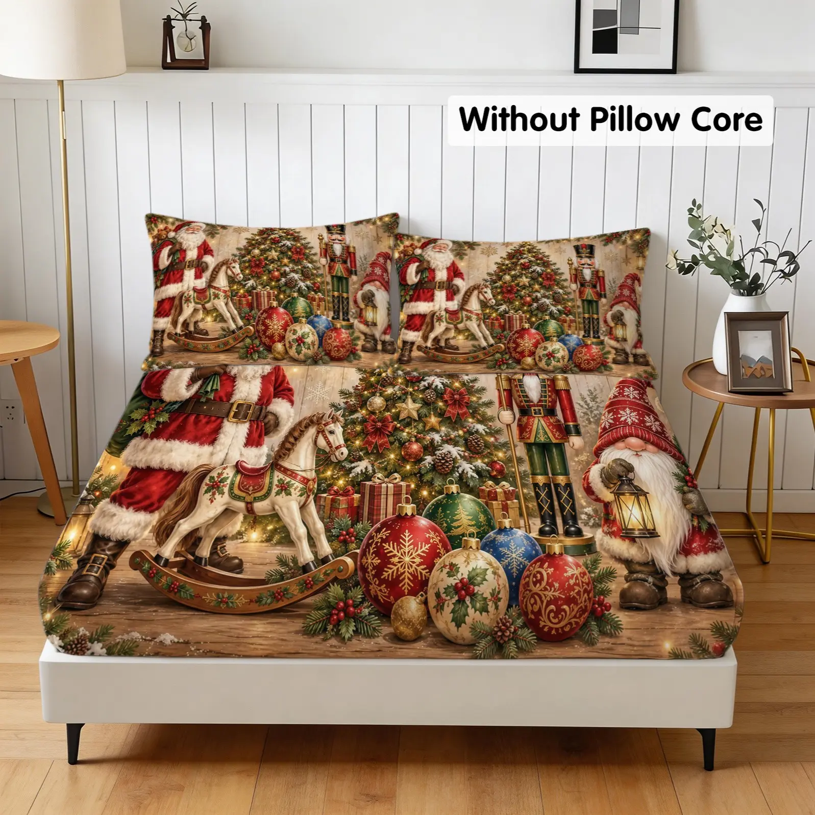 3 Piece Santa Fitted Sheet Set, 1 Flat Sheet And 2 Pillowcases Without Insert, Christmas Bedding Set, Nutcracker Gnome Snowman Deer Print Sheet, Mattress Protector For Teens Adults