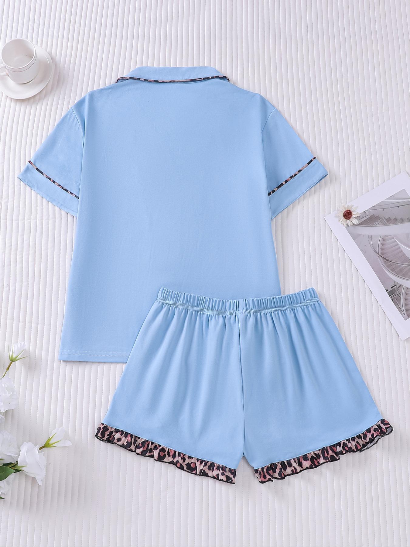 Women's Patchwork Contrast Binding Button Front Pocket Shirt & Ruffle Hem Shorts Pyjama Set, Casual Comfy Two-piece Pj Set, Ladies Summer Sleepwear, Pajama Set, Casual Lounge Sleep