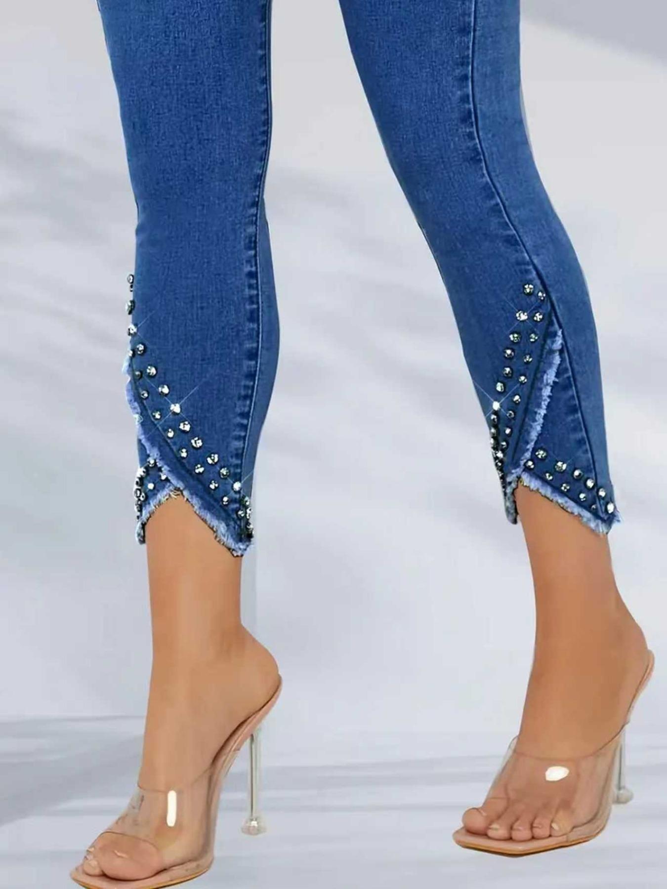 Women's Casual Denim Capri Pants with Rhinestone Hem, Tight Fit Skinny Long Jeans, Stylish Ladies' Fashion Bottoms, Trouser