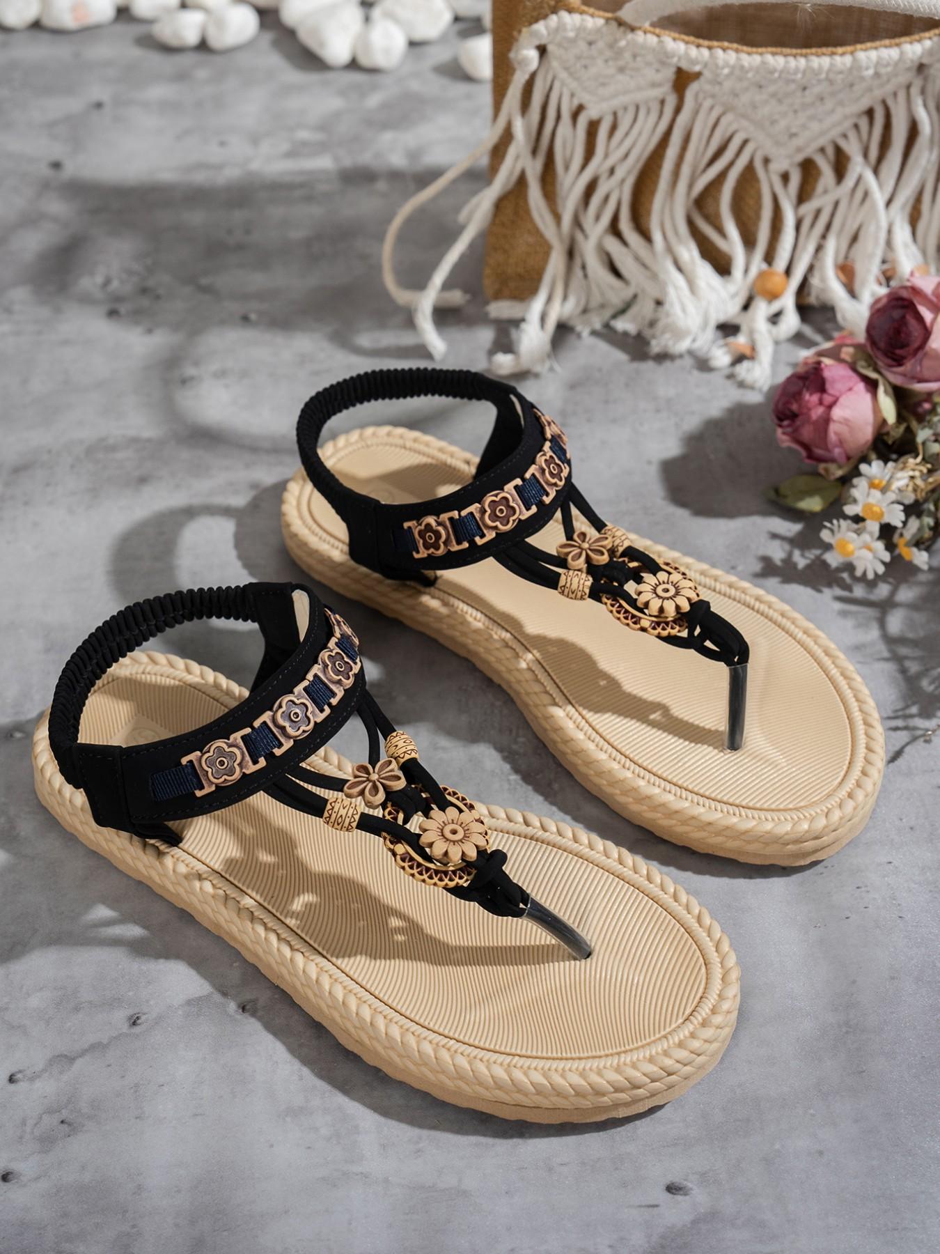 Boho Style Women's Flat Sandals, Elegant Fashion Round Toe Beaded Flower Beach Shoes, Casual Outdoor Slides for Vacation, Flat Sole, Eva Material