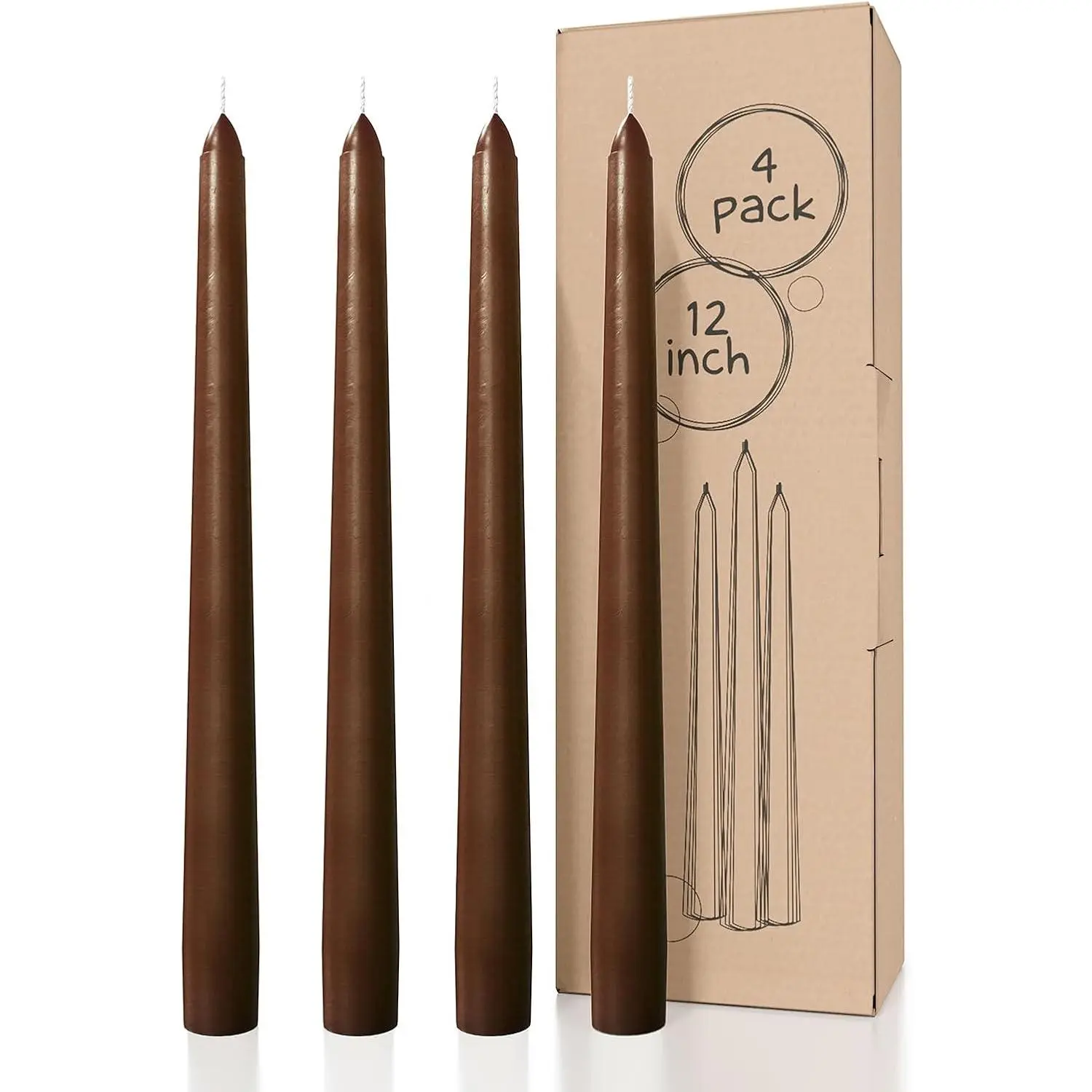 12 inch Taper Candles Set of 4 - Dripless Smokeless Unscented - Slow Burning Candle Sticks - Brown Candles