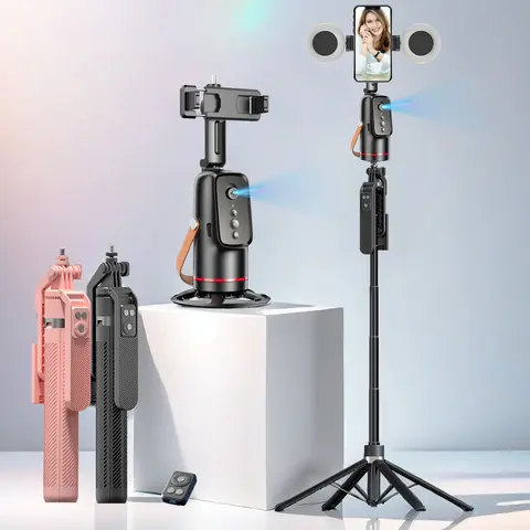 5-in-1 Smart Face-Tracking Gimbal with Tripod, Wireless Selfie Remote, Smartphone Selfie Stick, Light, Auto Rotation, Phone Stabilizer, Vlogging Kit, Video Camera Accessory Kit, Cellphone Selfie Accessory