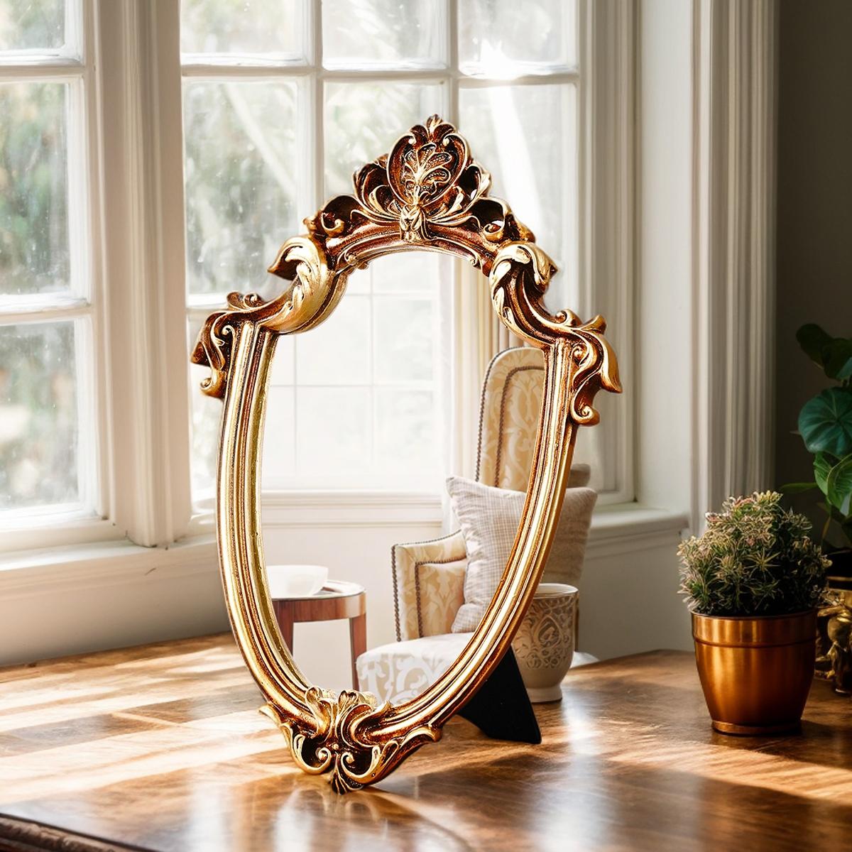 European Classical Gold Pattern Mirror Decorative Ornament, Wall-Mounted or Tabletop, Home Wall Decoration, Vanity Mirror