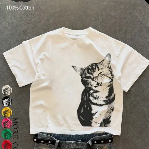 Unisex style, American streetwear-inspired cute cat print loose-fitting drop-shoulder short-sleeved T-shirt, 100% cotton heavyweight casual summer T-shirt, playful and fun T-shirt, suitable for pet enthusiasts, couples’ T-shirts, available in multiple col