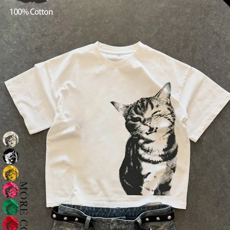 Unisex style, American streetwear-inspired cute cat print loose-fitting drop-shoulder short-sleeved T-shirt, 100% cotton heavyweight casual summer T-shirt, playful and fun T-shirt, suitable for pet enthusiasts, couples’ T-shirts, available in multiple col