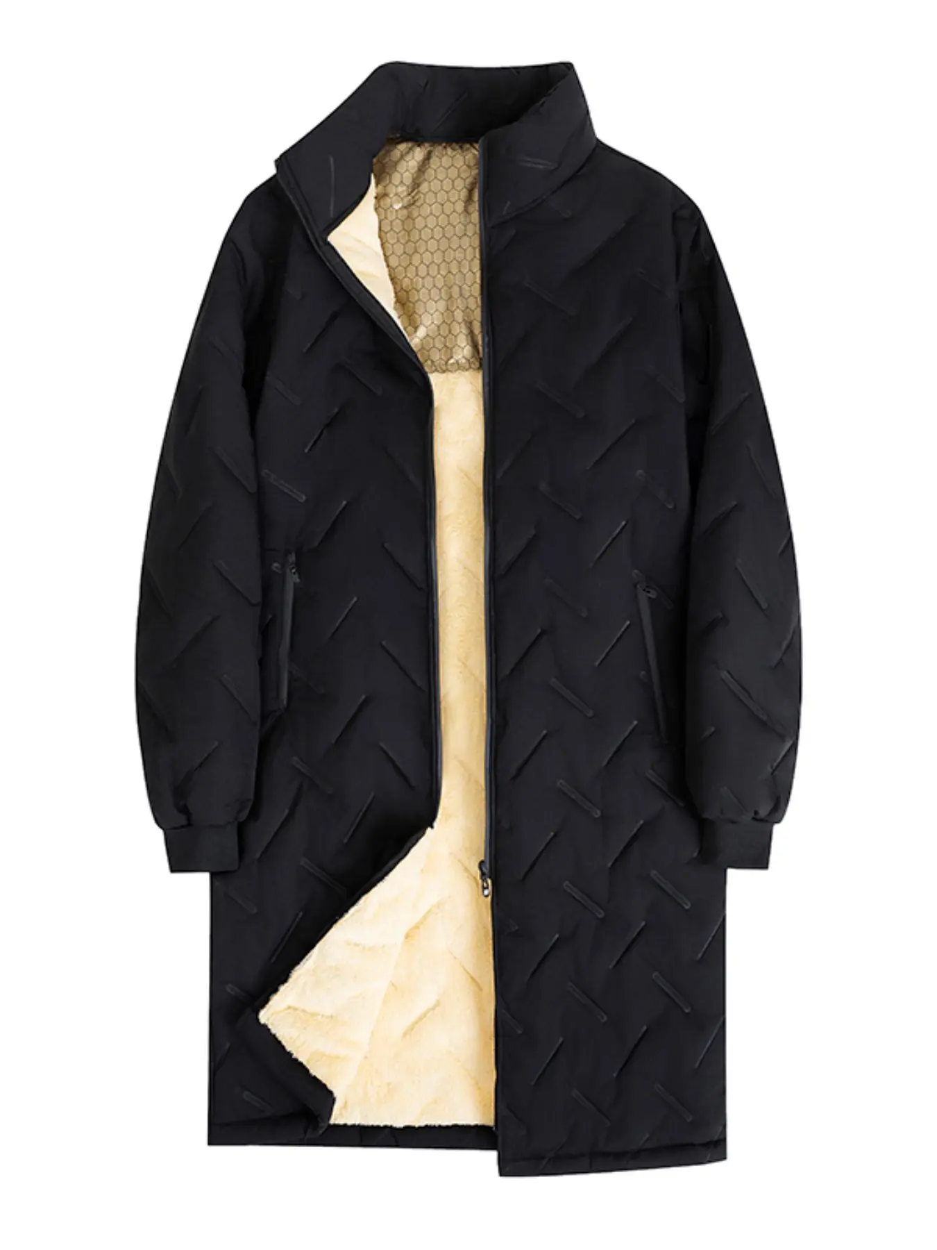 Men's Long Fleece Lined Puffer Coat, Stand Collar Windproof Thermal Winter Jacket, Quilted Warm Outerwear for Daily Casual