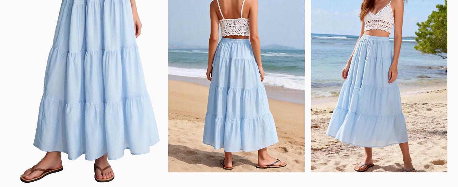 Flowy Maxi Skirts for Women Summer Tiered Boho A Line Skirt Pleated High Elastic Waisted Flared Ruffle Long Skirts